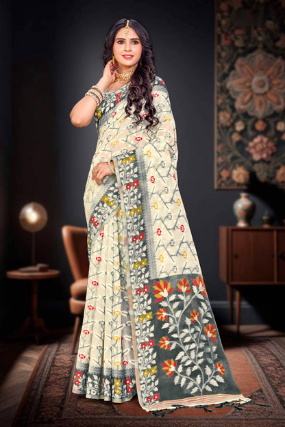 Sangam Prints Gray Cotton Blend Woven Work Traditional Saree - Dista