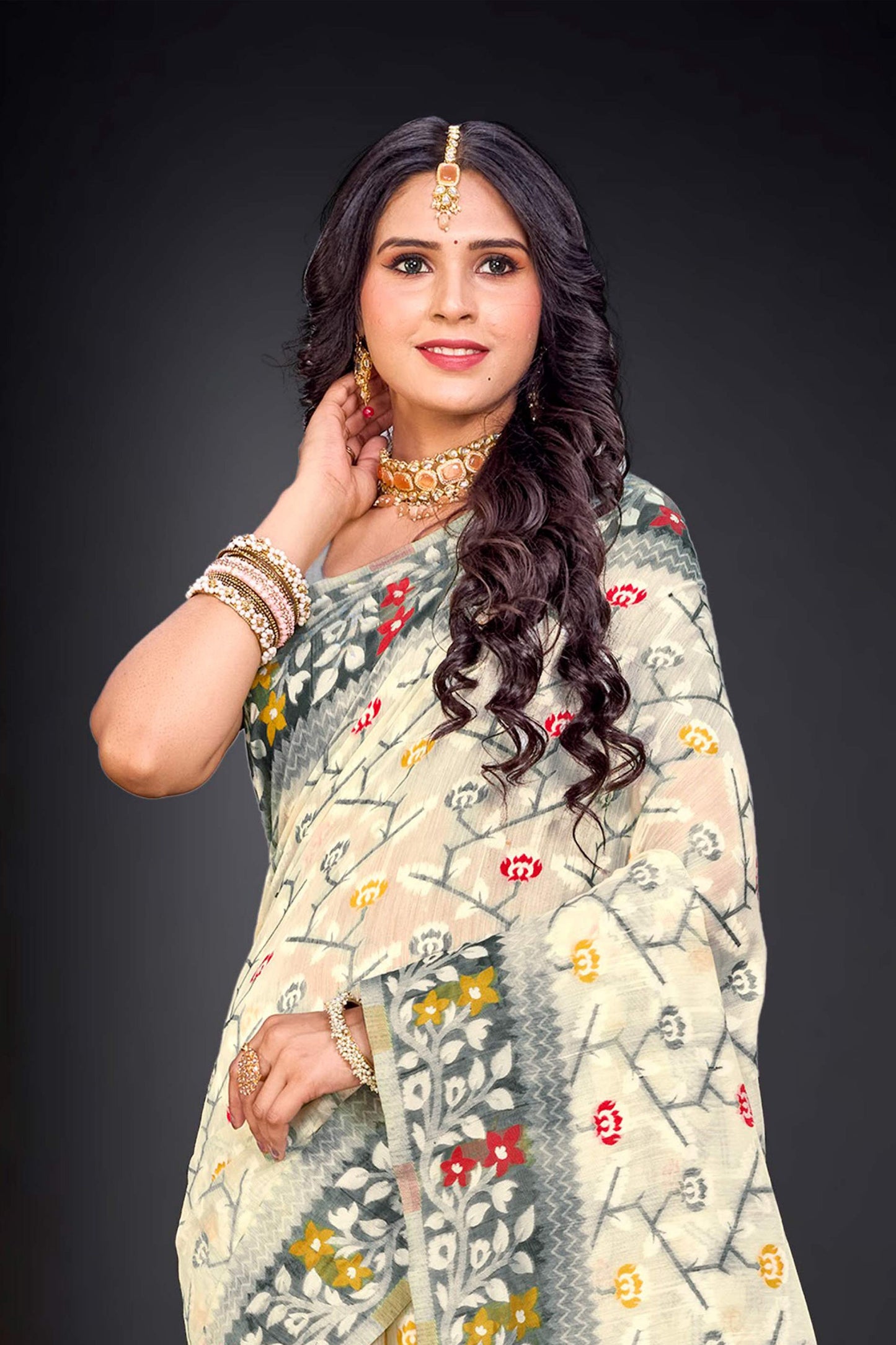 Sangam Prints Gray Cotton Blend Woven Work Traditional Saree - Dista