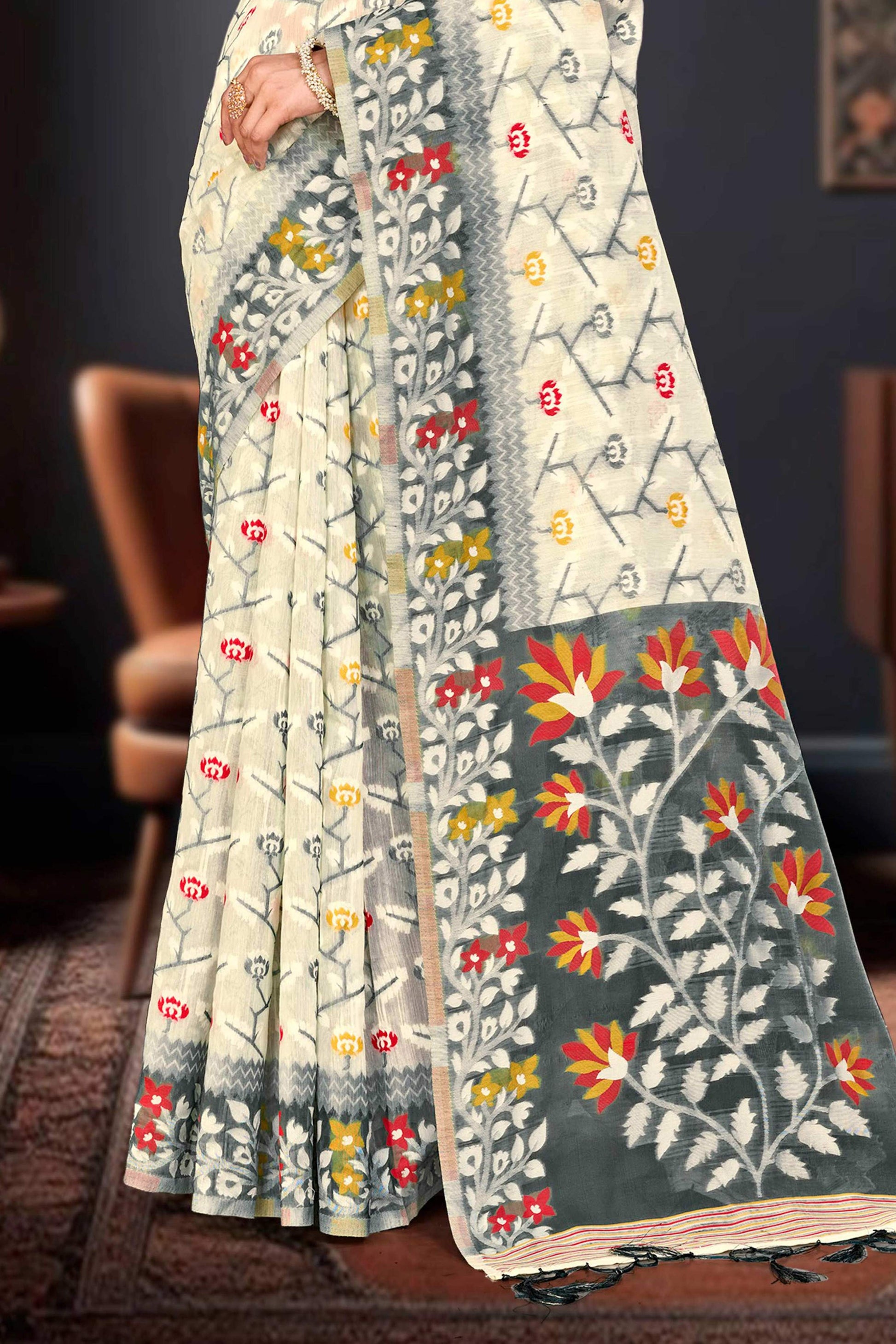 Sangam Prints Gray Cotton Blend Woven Work Traditional Saree - Dista