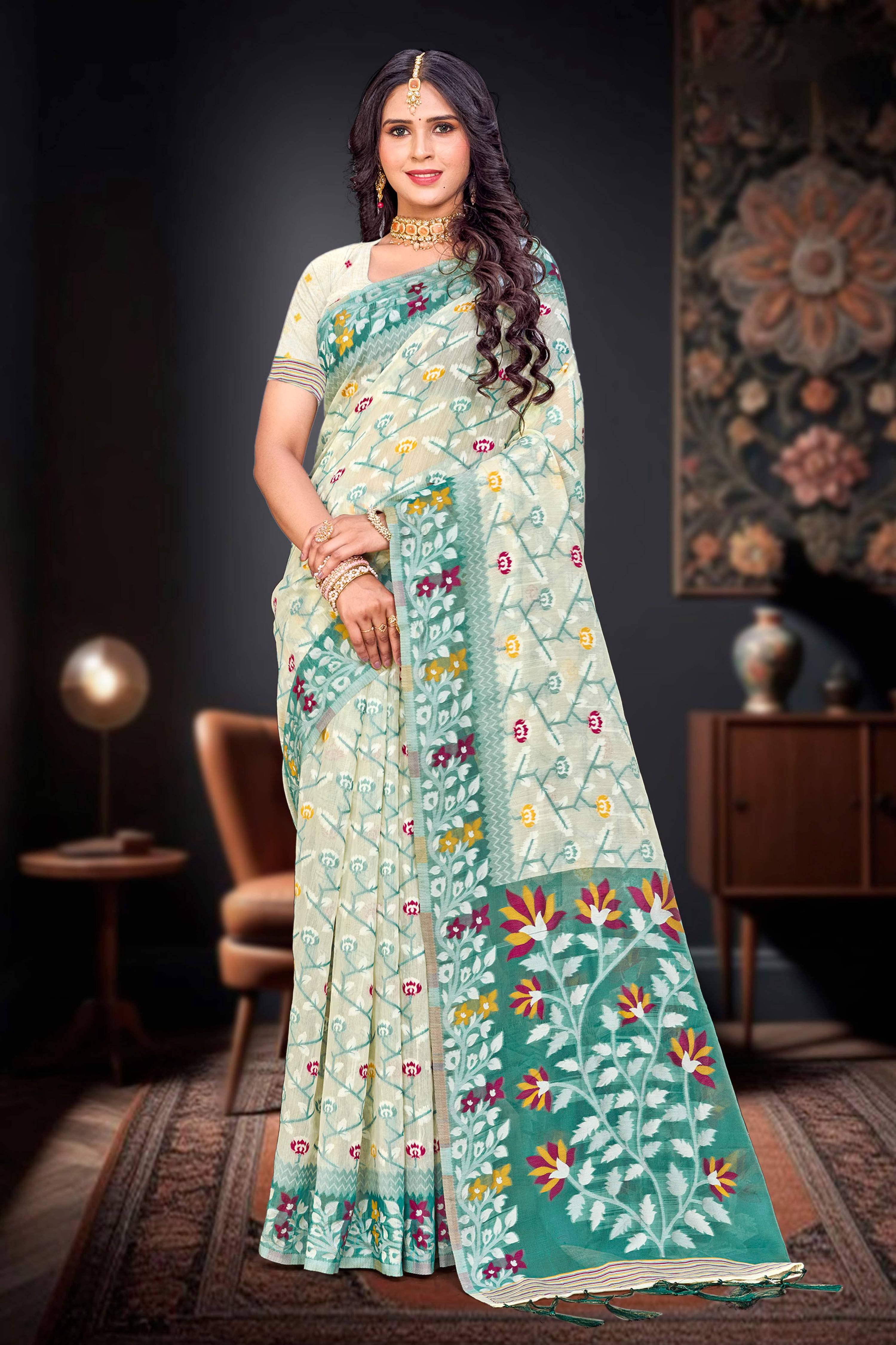 Sangam Prints Mint Green Cotton Blend Woven Work Traditional Saree - Dista