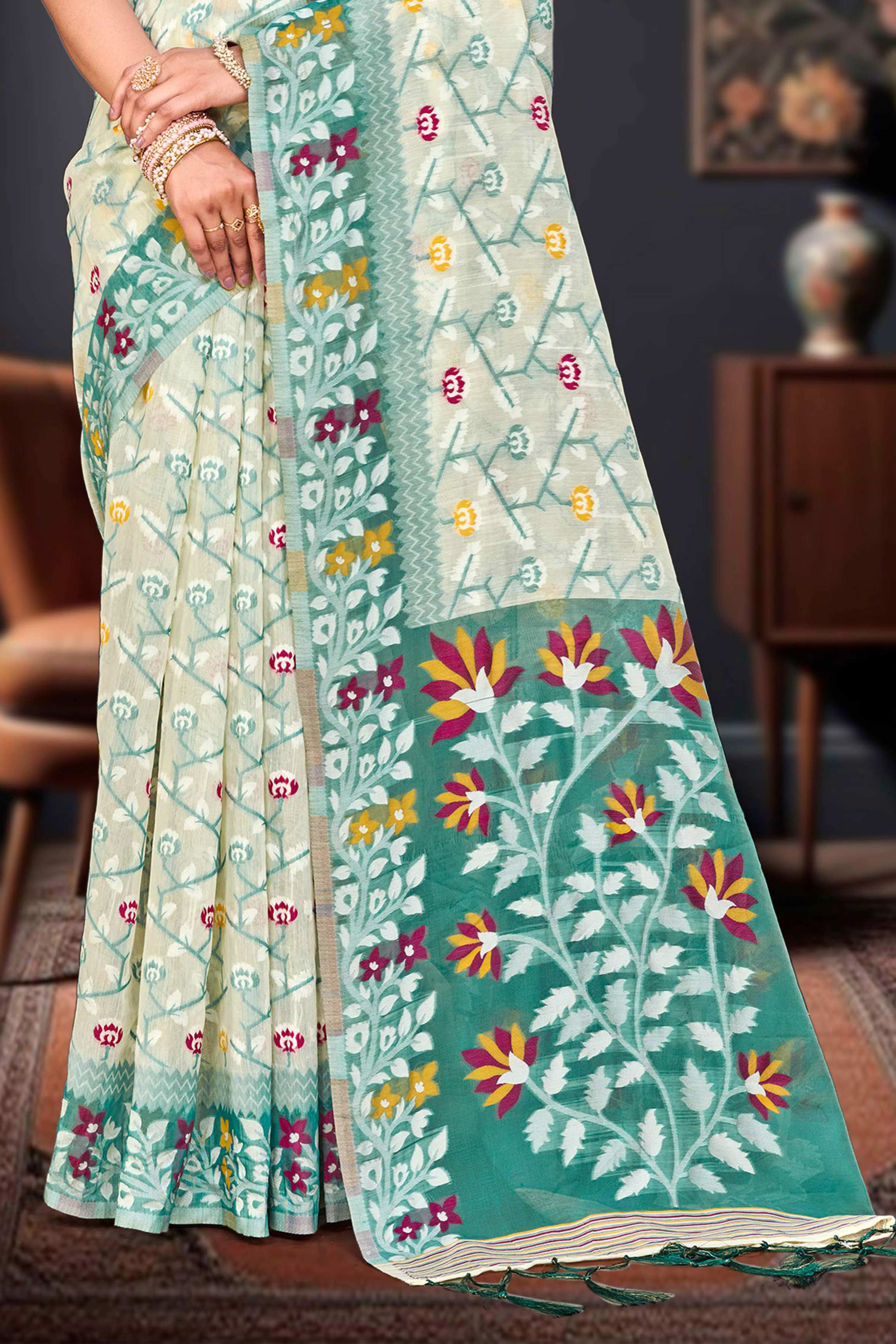 Sangam Prints Mint Green Cotton Blend Woven Work Traditional Saree - Dista