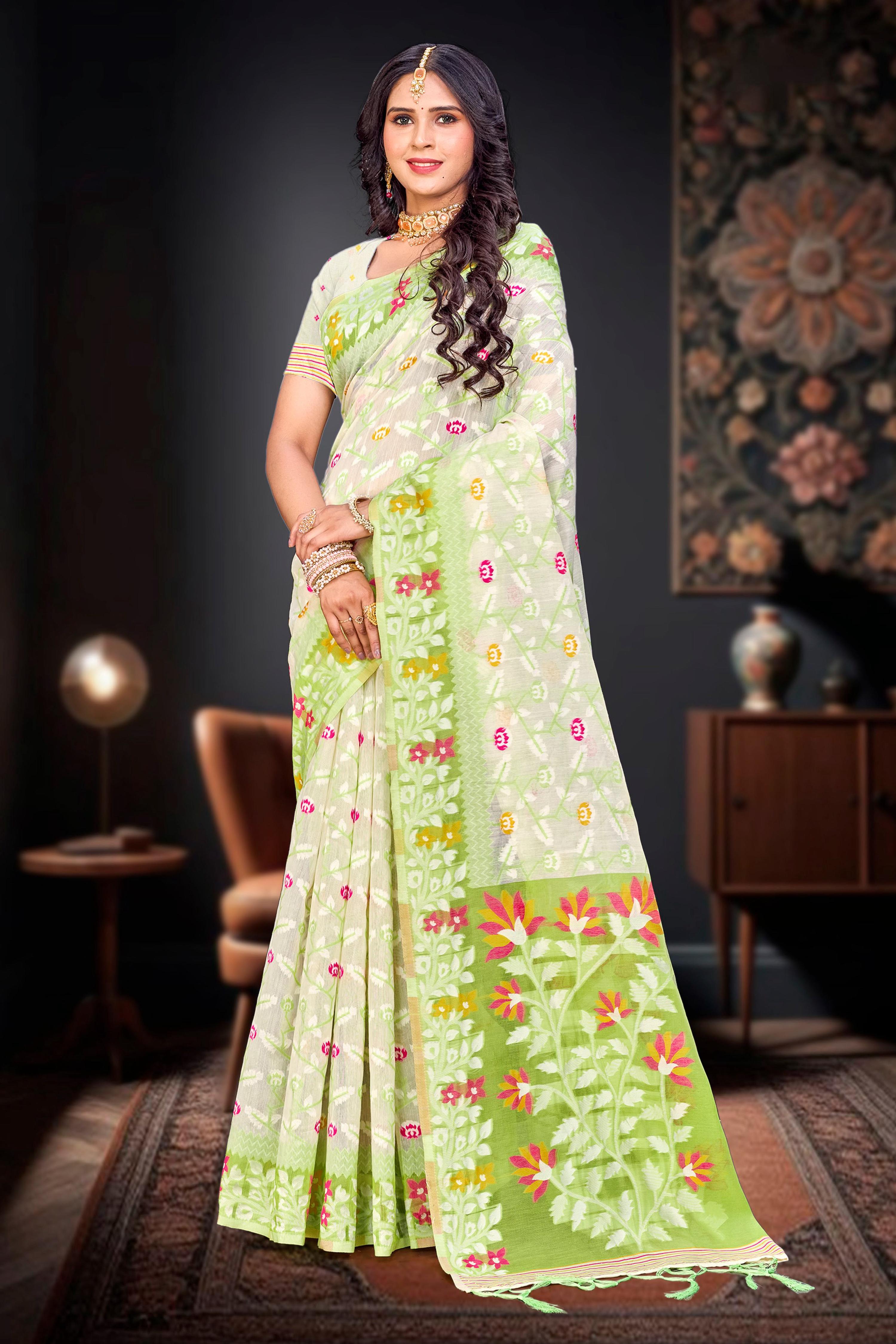Sangam Prints Parrot Green Cotton Blend Woven Work Traditional Saree - Dista