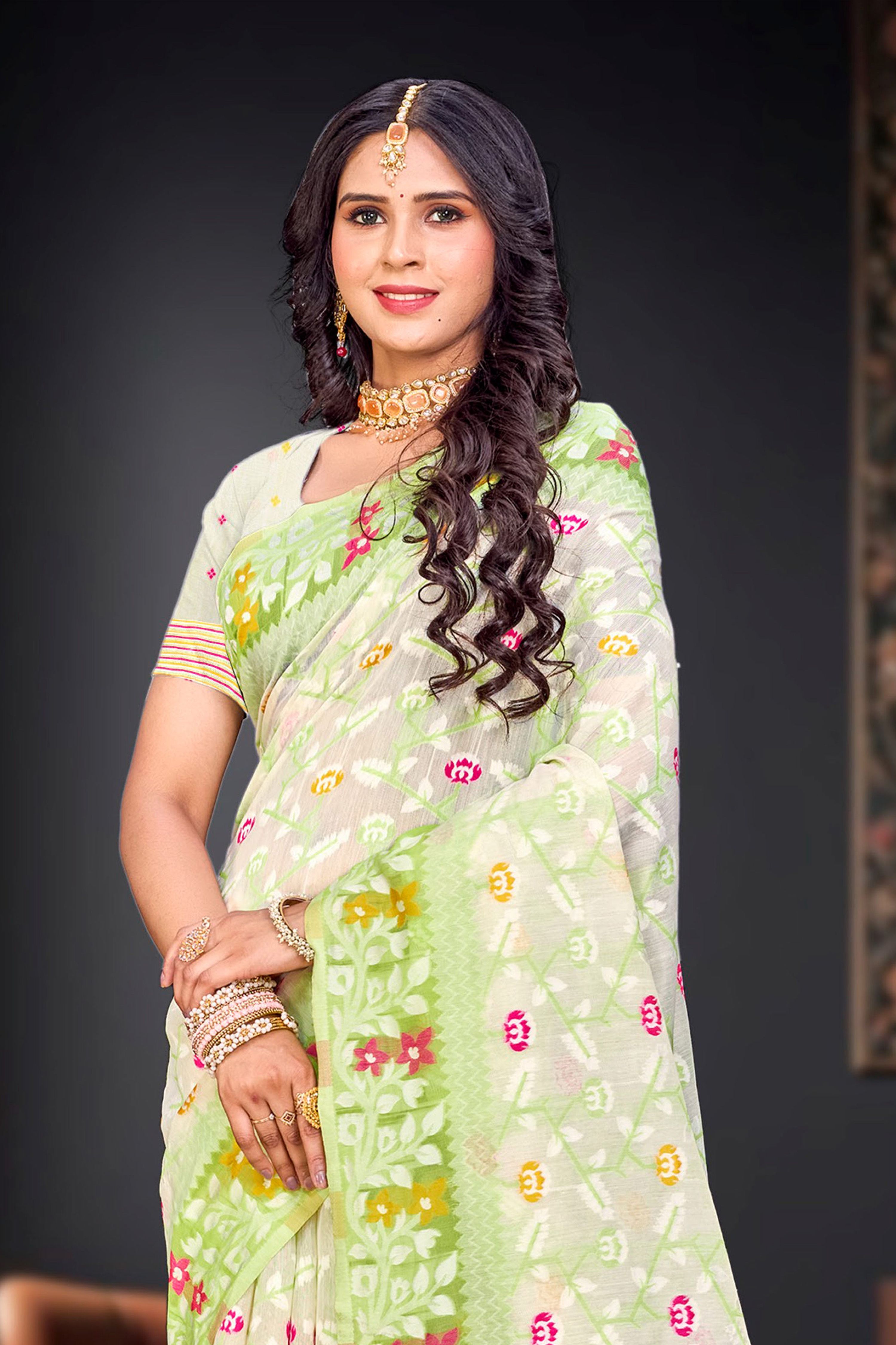 Sangam Prints Parrot Green Cotton Blend Woven Work Traditional Saree - Dista