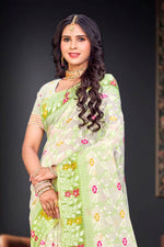 Thumbnail for Sangam Prints Parrot Green Cotton Blend Woven Work Traditional Saree - Dista
