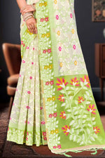 Thumbnail for Sangam Prints Parrot Green Cotton Blend Woven Work Traditional Saree - Dista