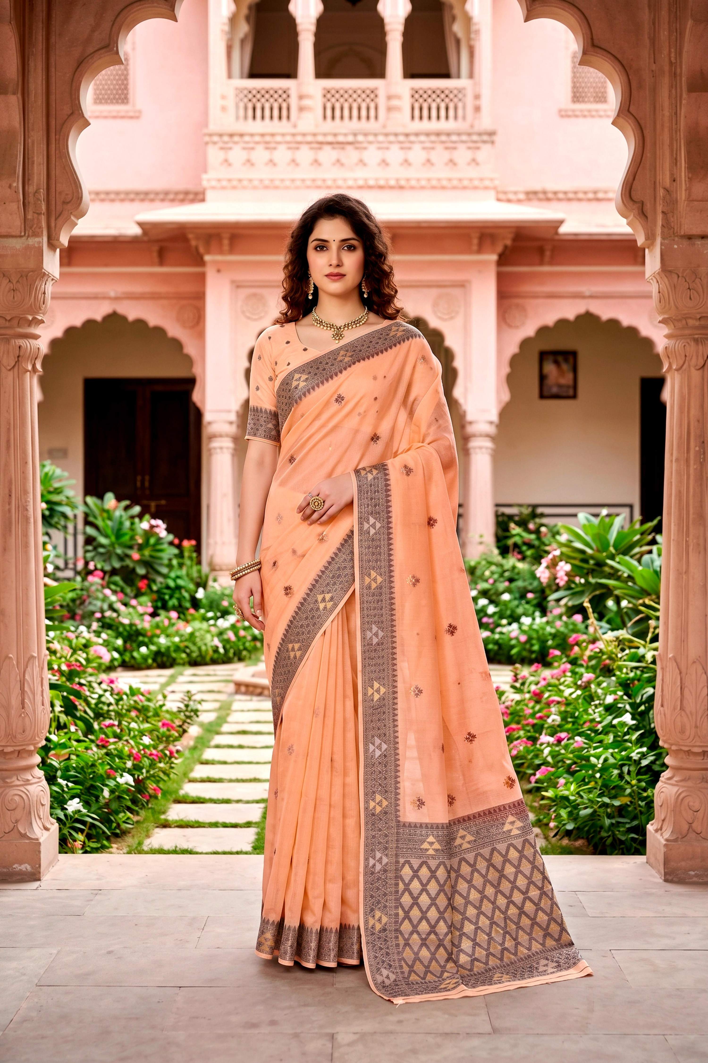 Sangam Prints Peach Cotton Blend Woven Work Traditional Saree - Dista