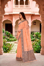 Thumbnail for Sangam Prints Peach Cotton Blend Woven Work Traditional Saree - Dista