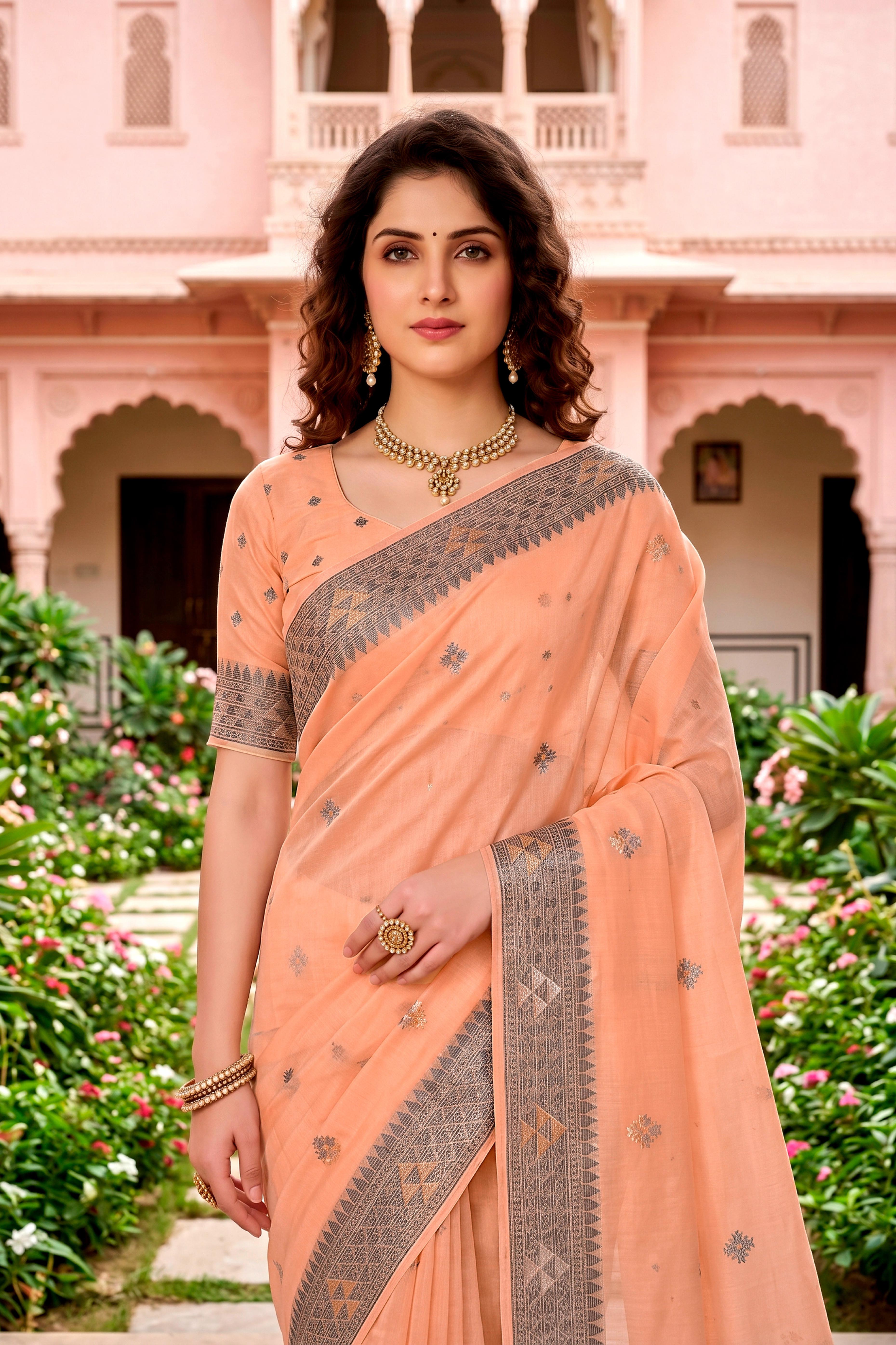 Sangam Prints Peach Cotton Blend Woven Work Traditional Saree - Dista