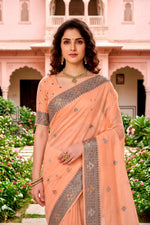 Thumbnail for Sangam Prints Peach Cotton Blend Woven Work Traditional Saree - Dista