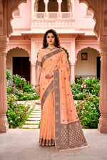 Thumbnail for Sangam Prints Peach Cotton Blend Woven Work Traditional Saree - Dista