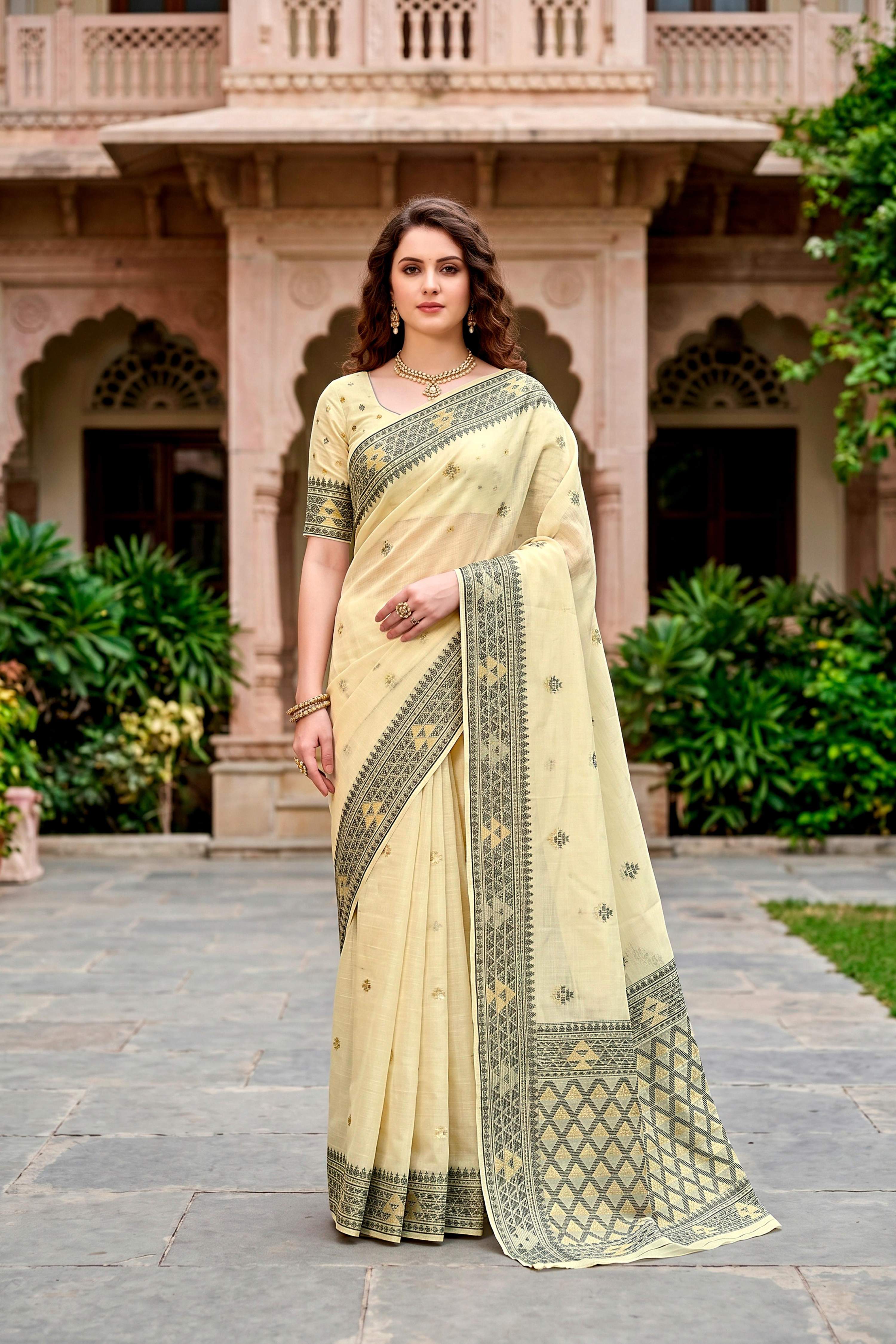 Sangam Prints Light Yellow Cotton Blend Woven Work Traditional Saree - Dista