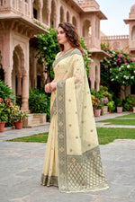 Thumbnail for Sangam Prints Light Yellow Cotton Blend Woven Work Traditional Saree - Dista