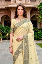 Thumbnail for Sangam Prints Light Yellow Cotton Blend Woven Work Traditional Saree - Dista