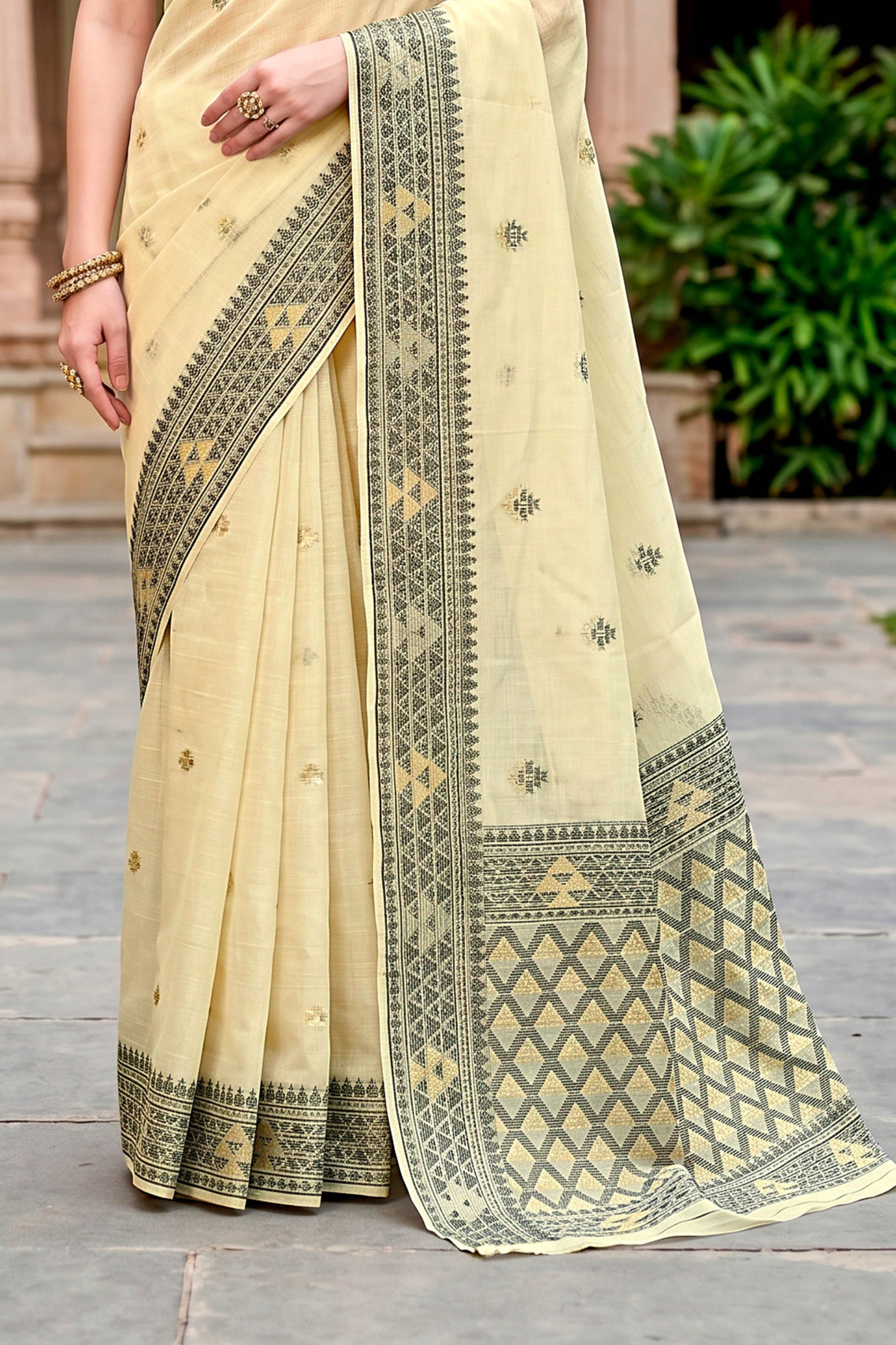 Sangam Prints Light Yellow Cotton Blend Woven Work Traditional Saree - Dista