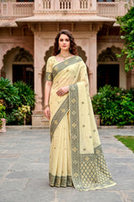 Thumbnail for Sangam Prints Light Yellow Cotton Blend Woven Work Traditional Saree - Dista