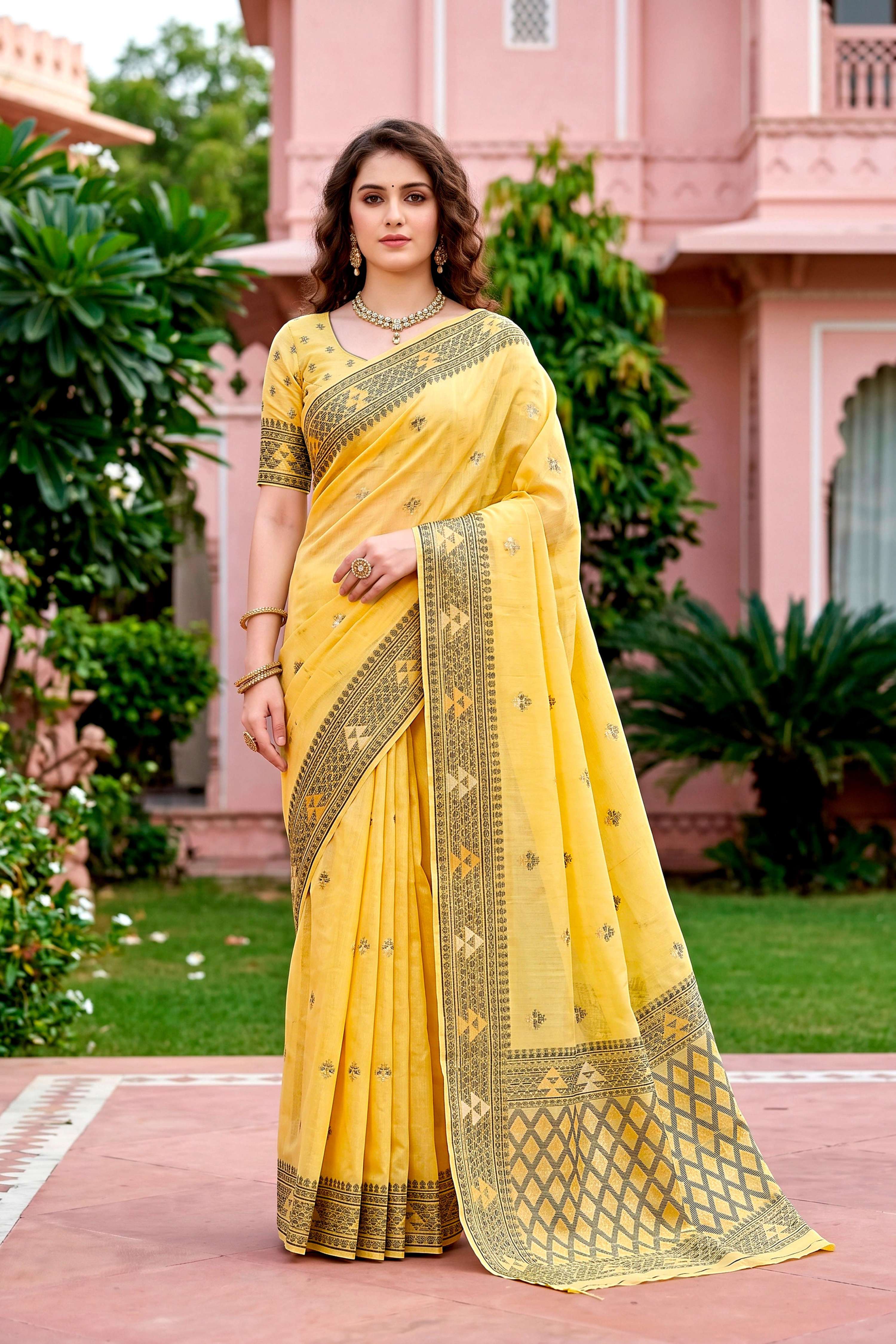 Sangam Prints Yellow Cotton Blend Woven Work Traditional Saree - Dista