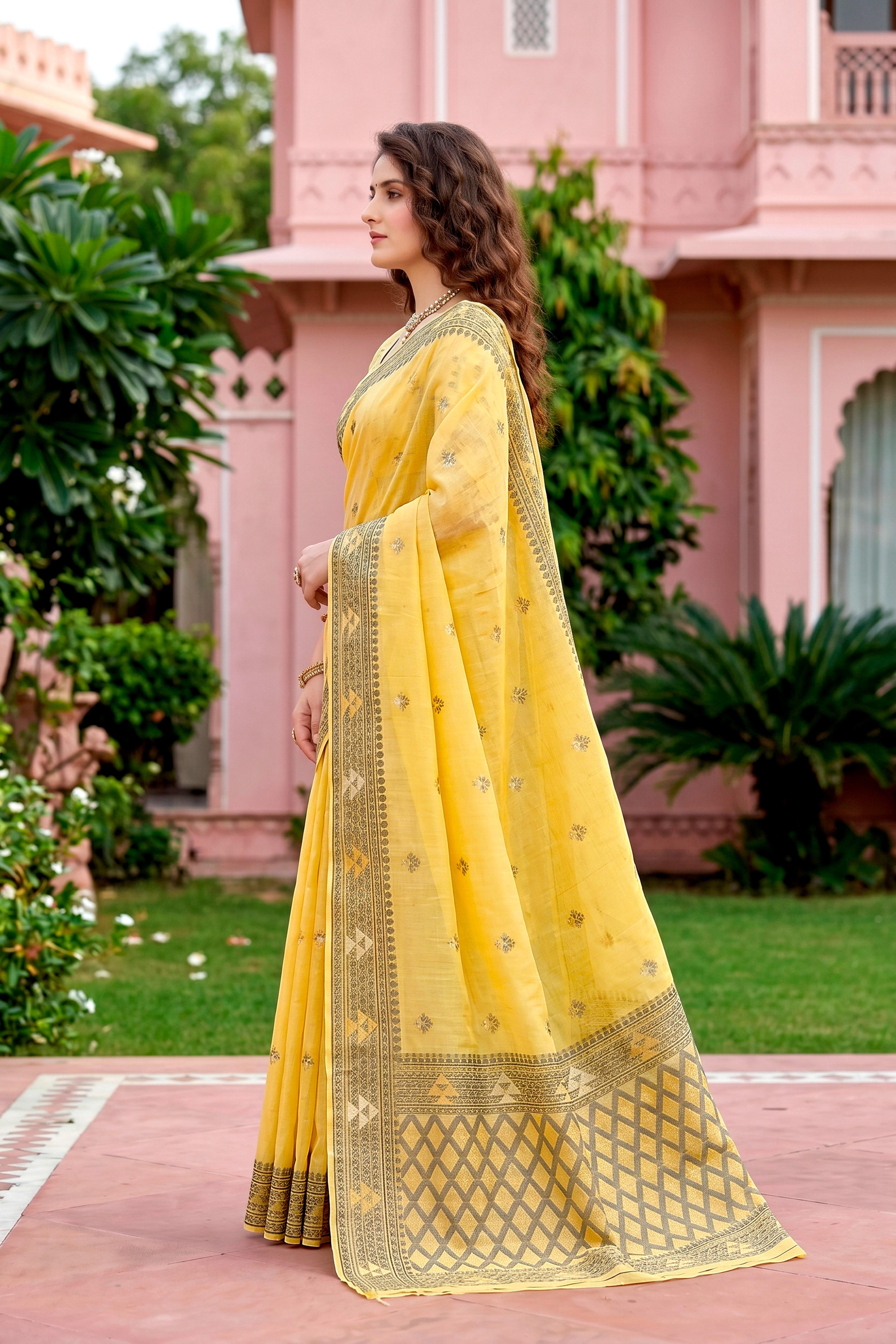 Sangam Prints Yellow Cotton Blend Woven Work Traditional Saree - Dista