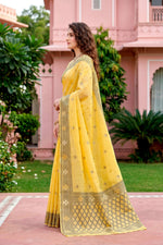 Thumbnail for Sangam Prints Yellow Cotton Blend Woven Work Traditional Saree - Dista