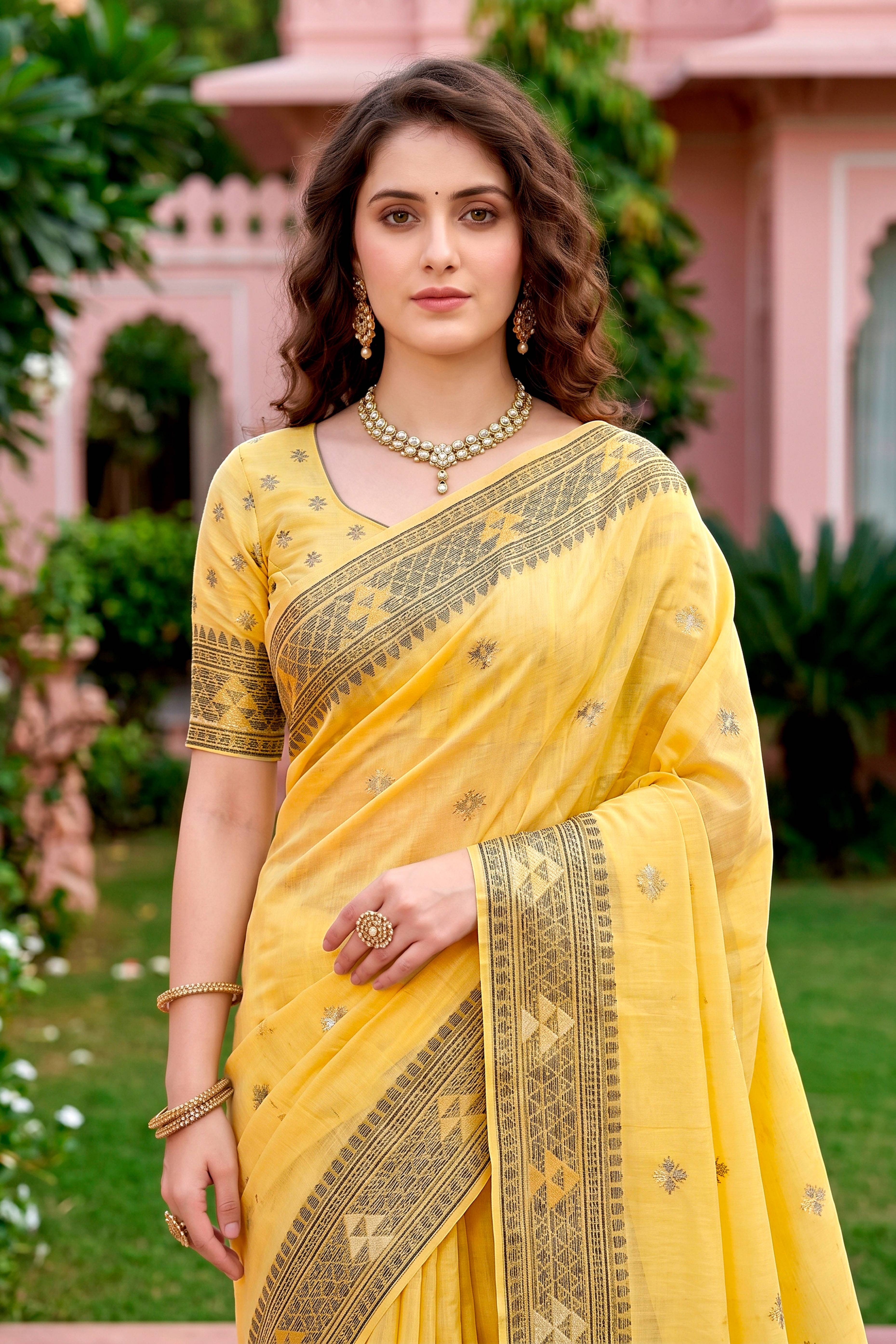 Sangam Prints Yellow Cotton Blend Woven Work Traditional Saree - Dista