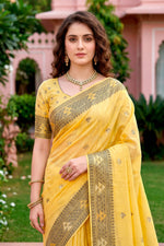 Thumbnail for Sangam Prints Yellow Cotton Blend Woven Work Traditional Saree - Dista