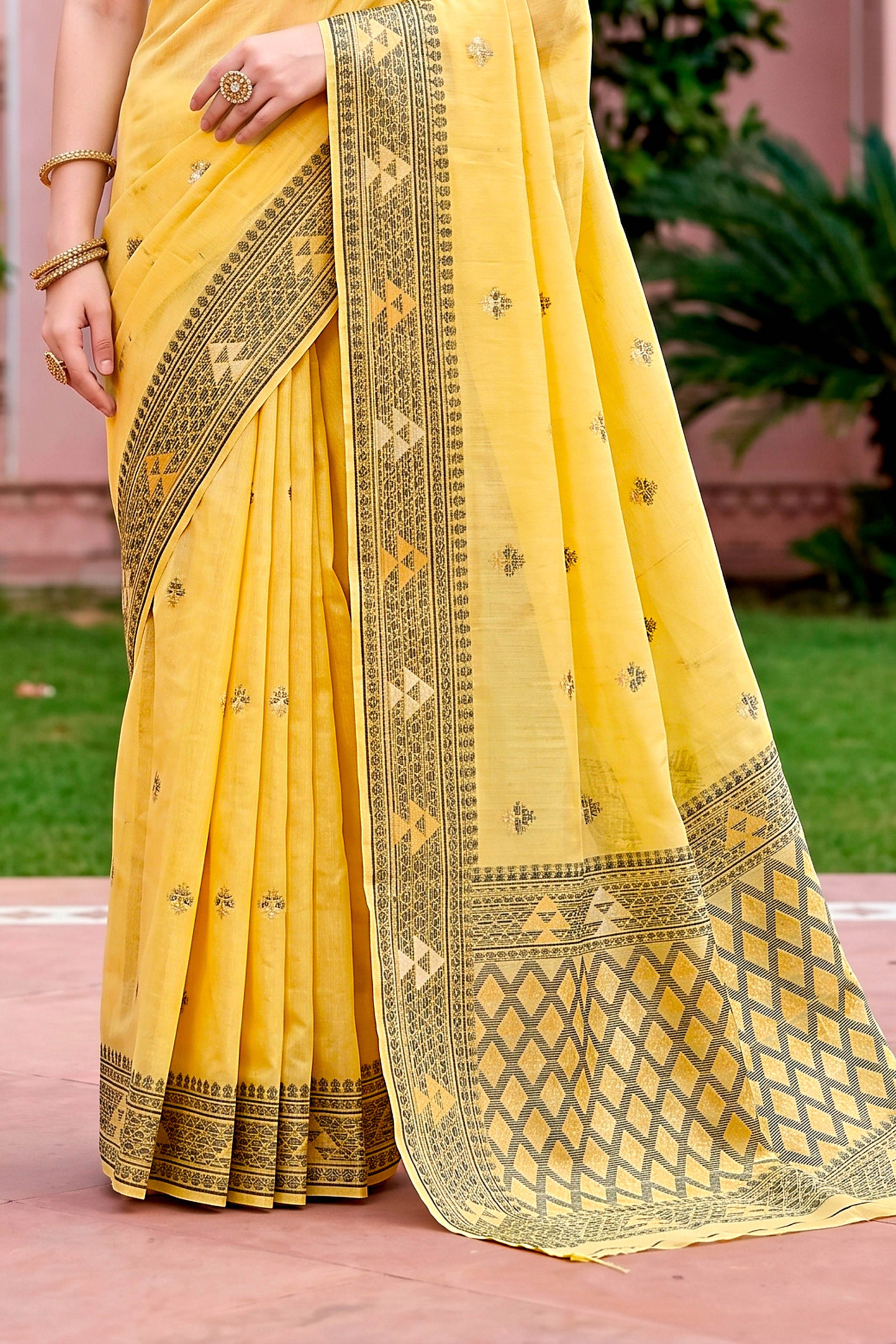 Sangam Prints Yellow Cotton Blend Woven Work Traditional Saree - Dista