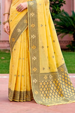 Thumbnail for Sangam Prints Yellow Cotton Blend Woven Work Traditional Saree - Dista