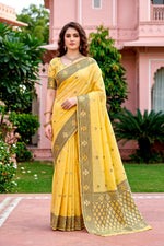 Thumbnail for Sangam Prints Yellow Cotton Blend Woven Work Traditional Saree - Dista