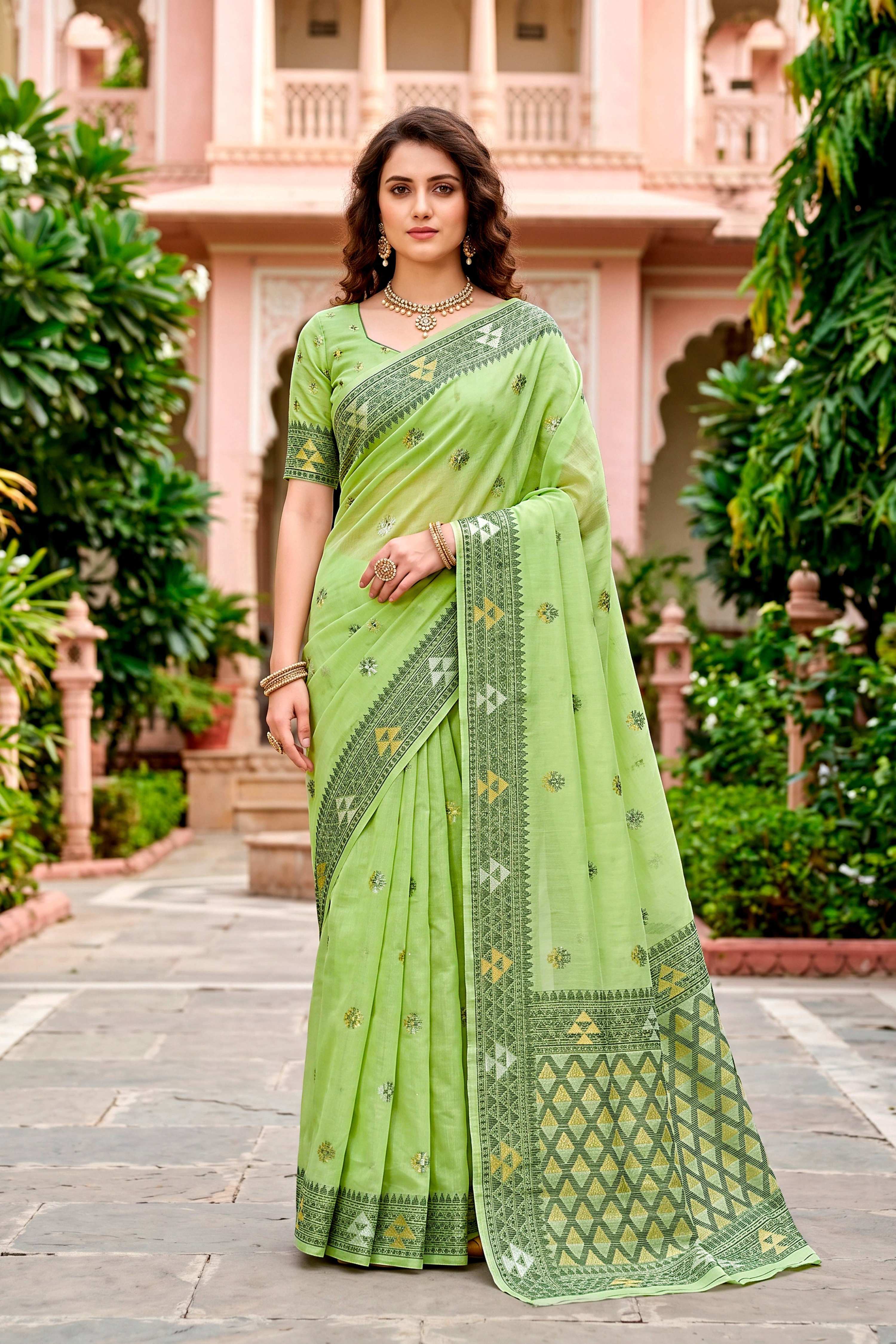 Sangam Prints Green Cotton Blend Woven Work Traditional Saree - Dista
