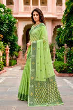 Thumbnail for Sangam Prints Green Cotton Blend Woven Work Traditional Saree - Dista