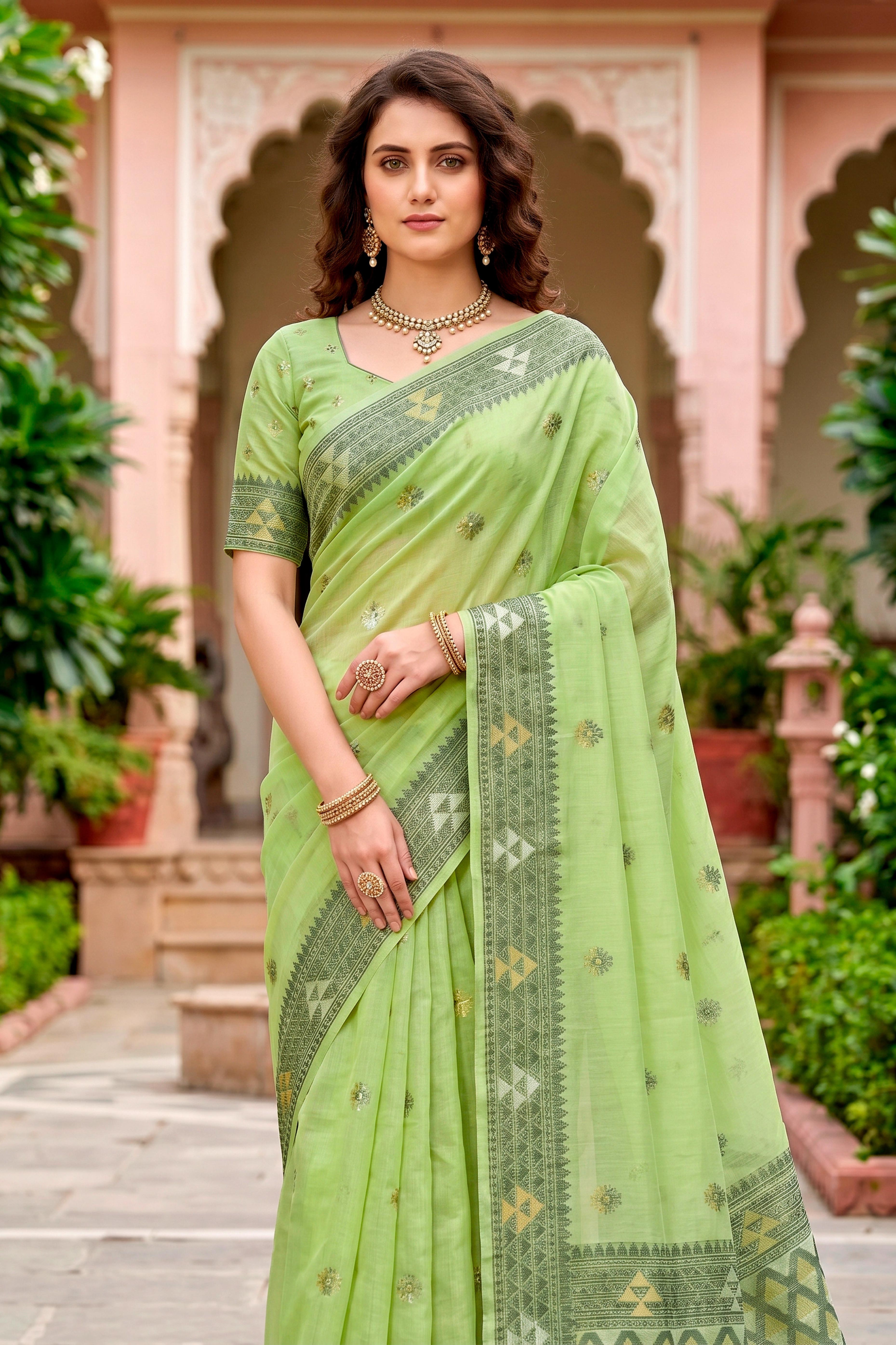 Sangam Prints Green Cotton Blend Woven Work Traditional Saree - Dista
