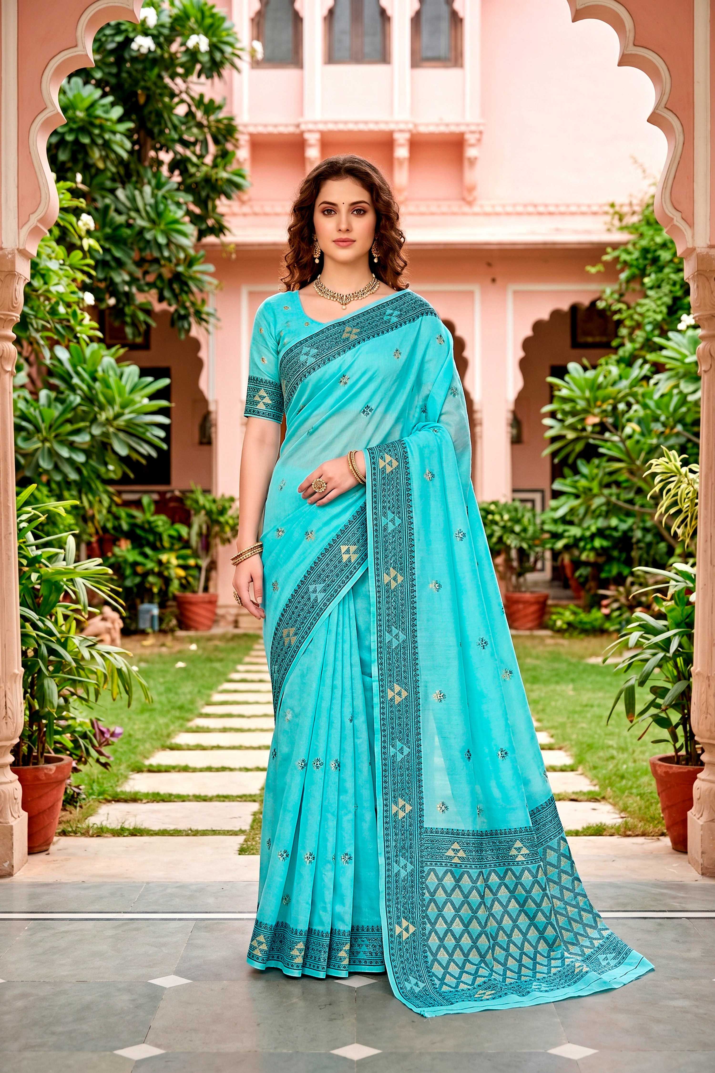 Sangam Prints Teal Blue Cotton Blend Woven Work Traditional Saree - Dista