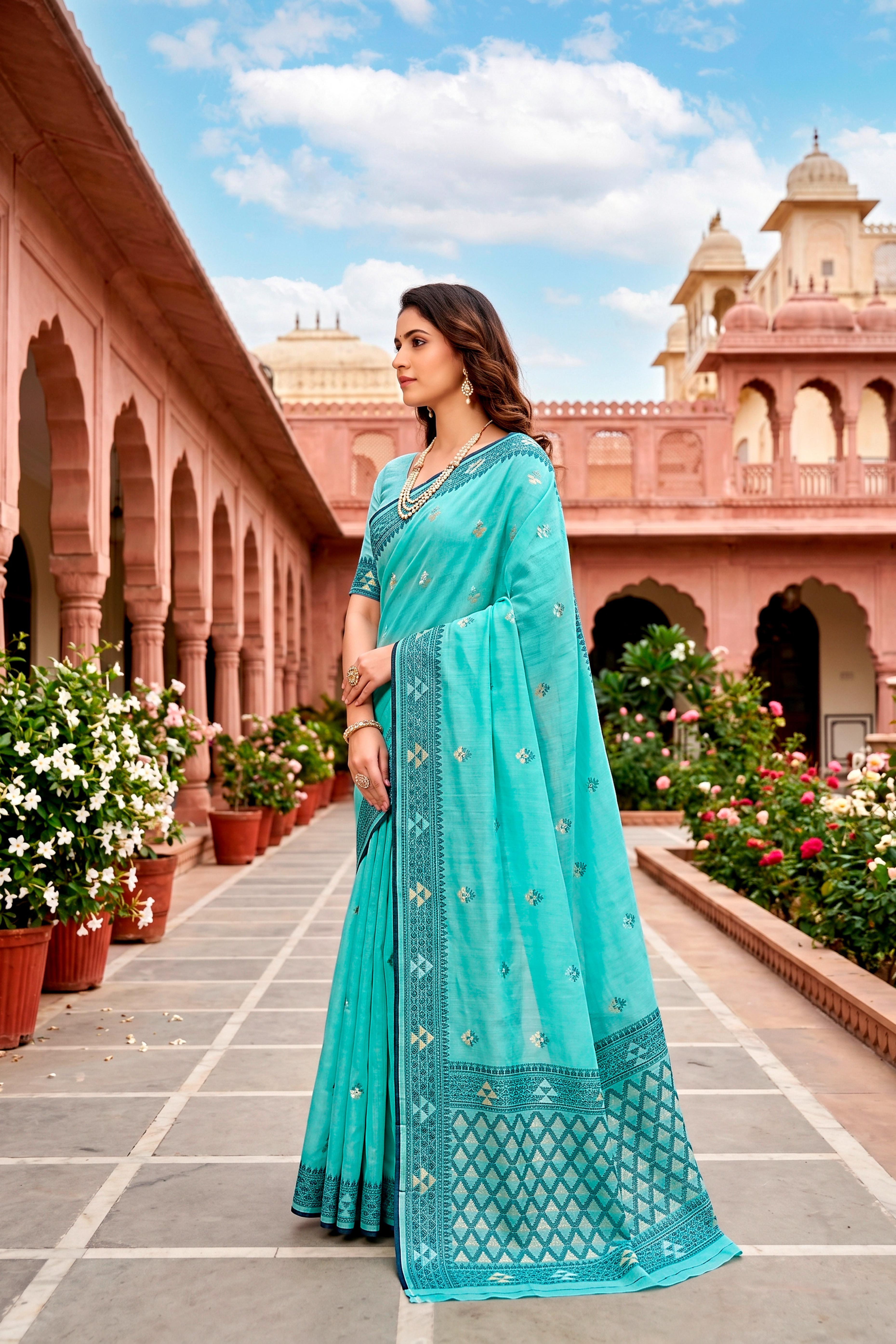 Sangam Prints Teal Blue Cotton Blend Woven Work Traditional Saree - Dista