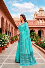 Thumbnail for Sangam Prints Teal Blue Cotton Blend Woven Work Traditional Saree - Dista