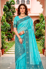 Thumbnail for Sangam Prints Teal Blue Cotton Blend Woven Work Traditional Saree - Dista