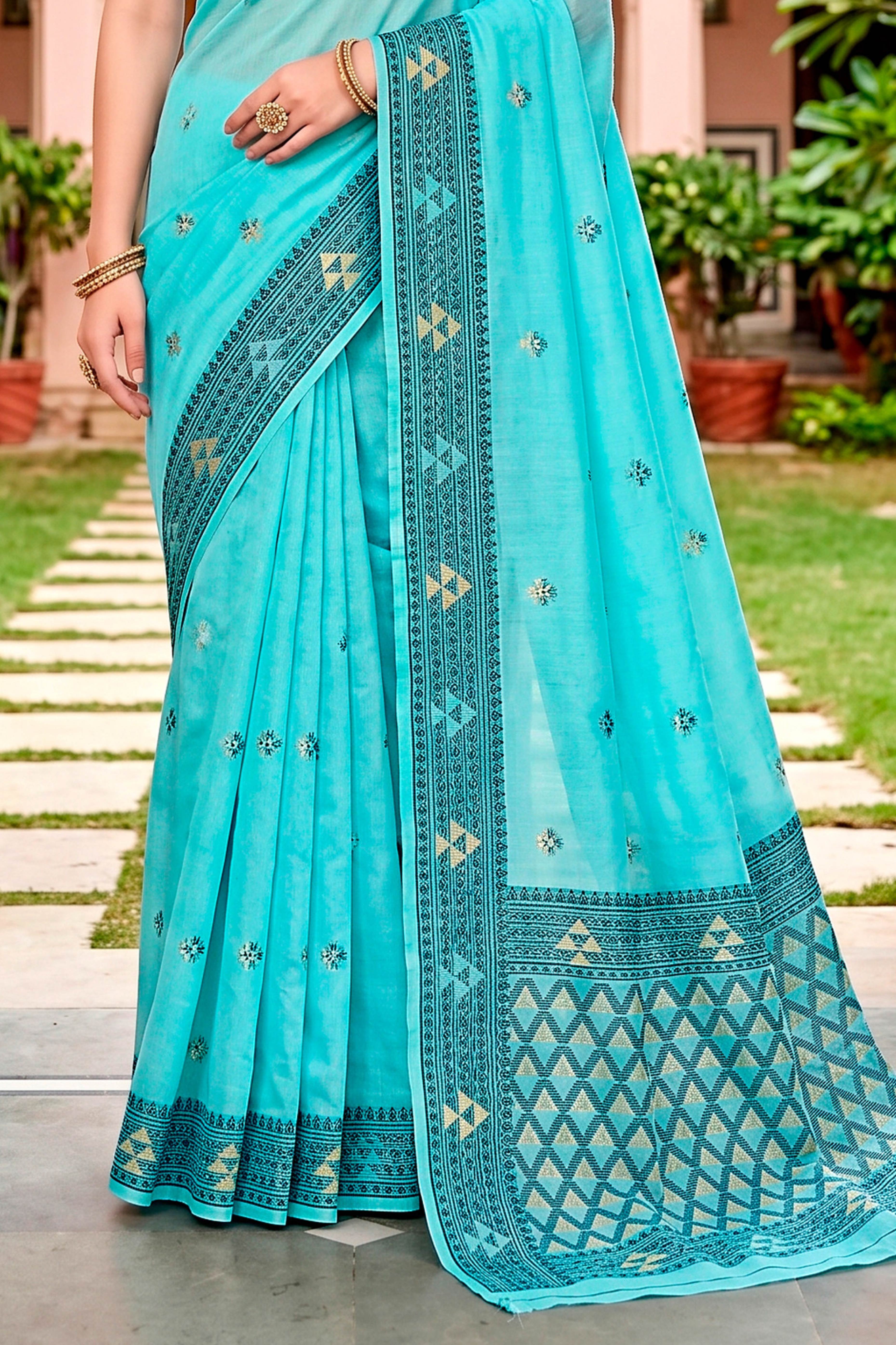 Sangam Prints Teal Blue Cotton Blend Woven Work Traditional Saree - Dista