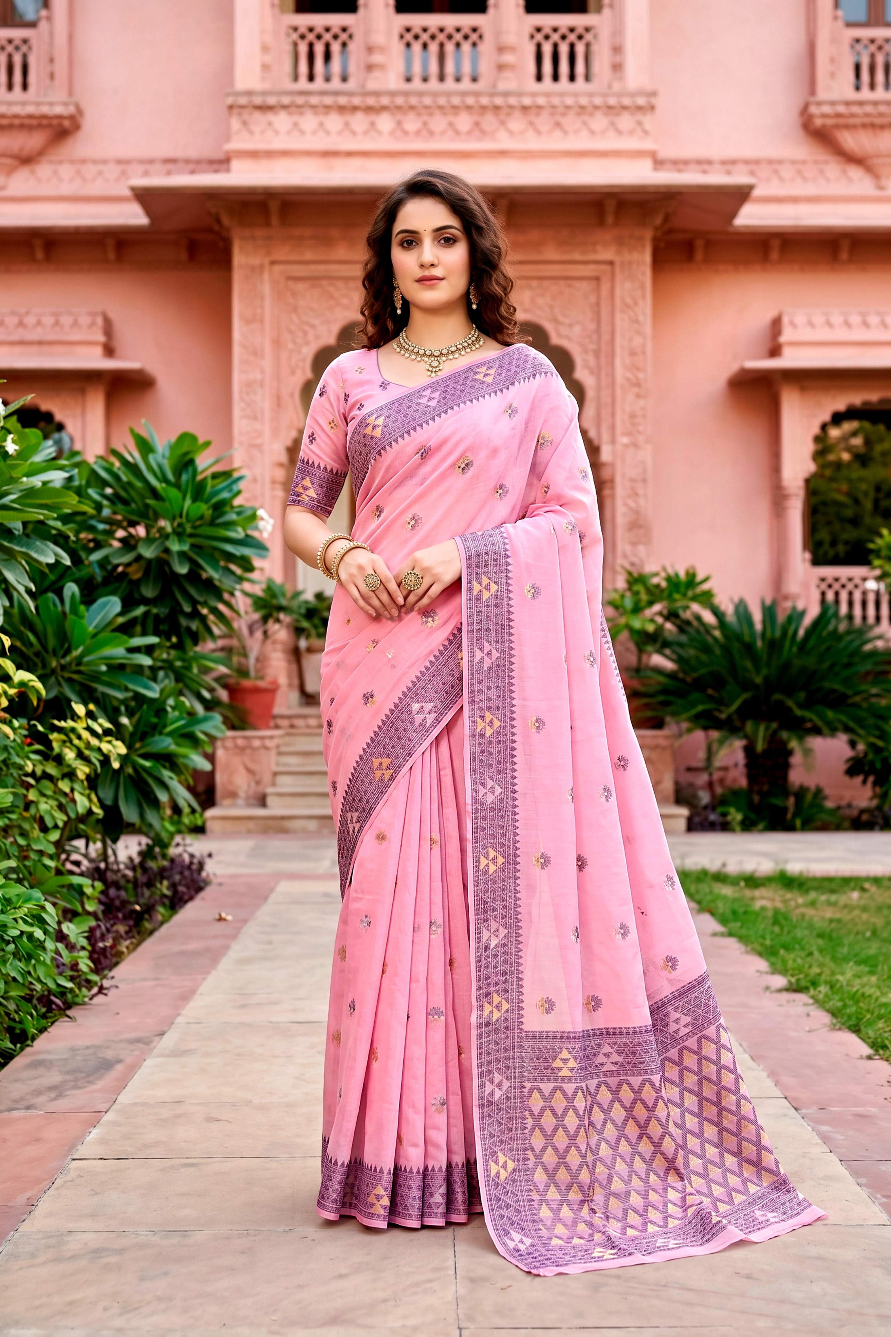 Sangam Prints Pink Cotton Blend Woven Work Traditional Saree - Dista