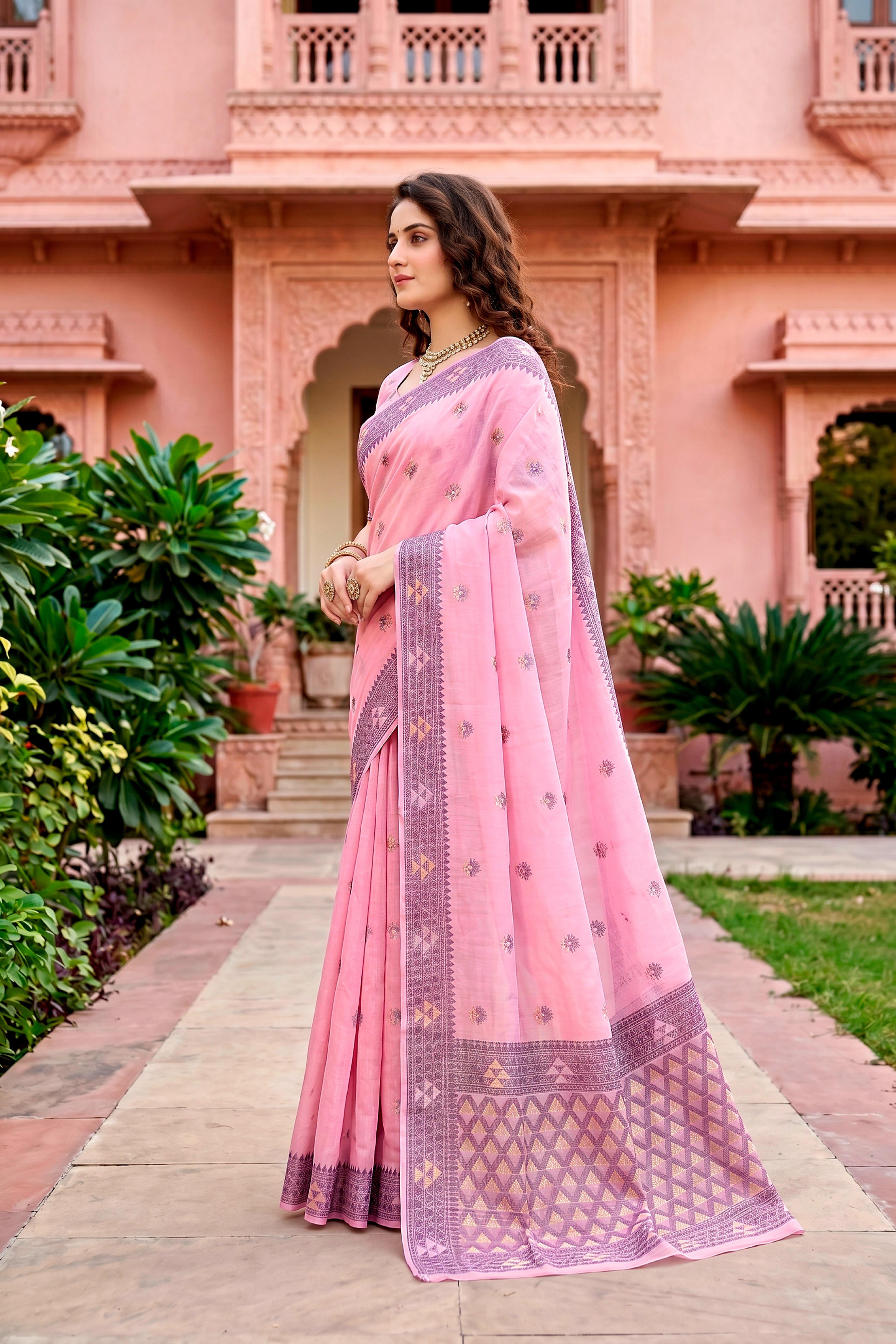 Sangam Prints Pink Cotton Blend Woven Work Traditional Saree - Dista