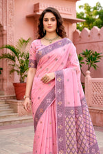 Thumbnail for Sangam Prints Pink Cotton Blend Woven Work Traditional Saree - Dista