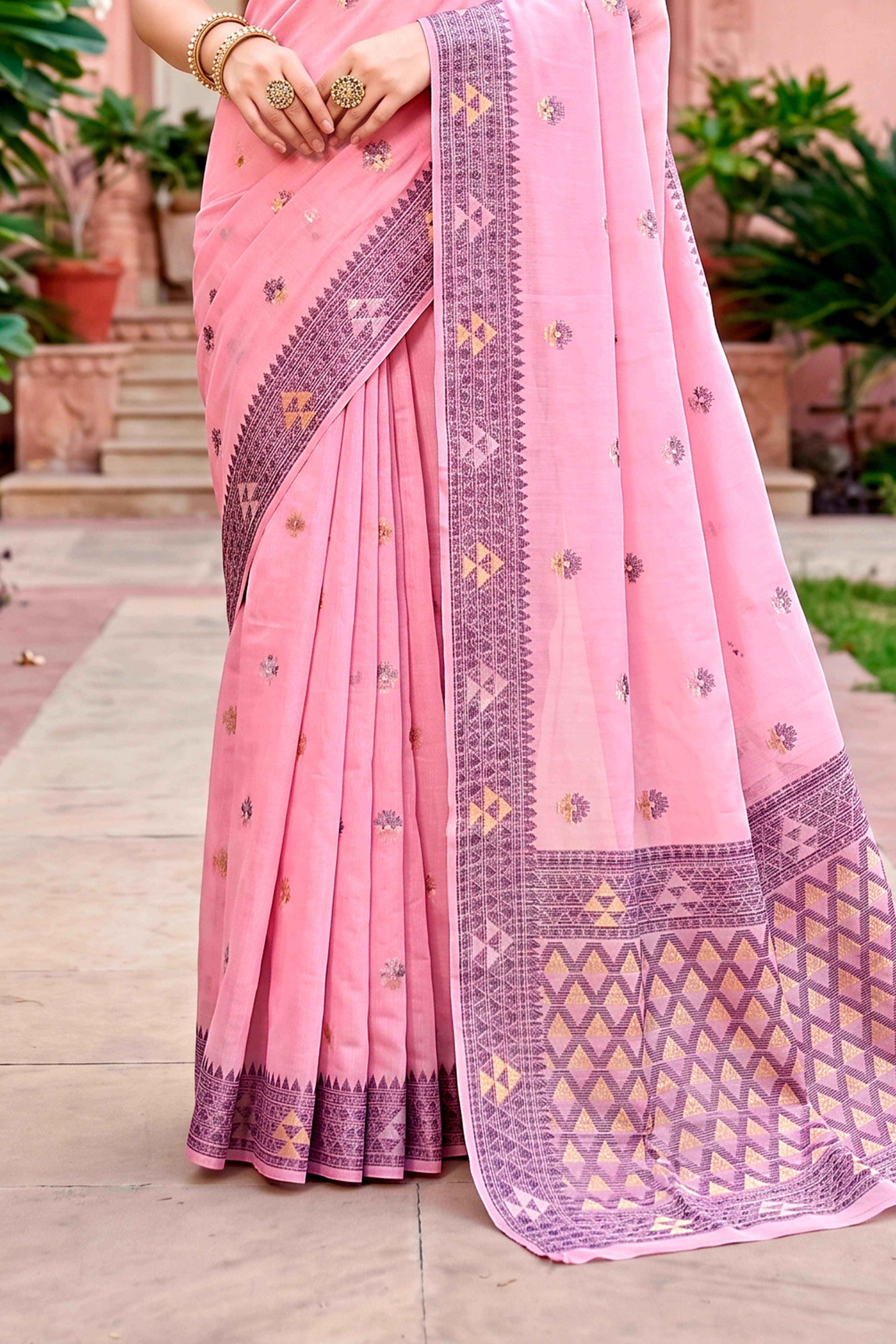 Sangam Prints Pink Cotton Blend Woven Work Traditional Saree - Dista