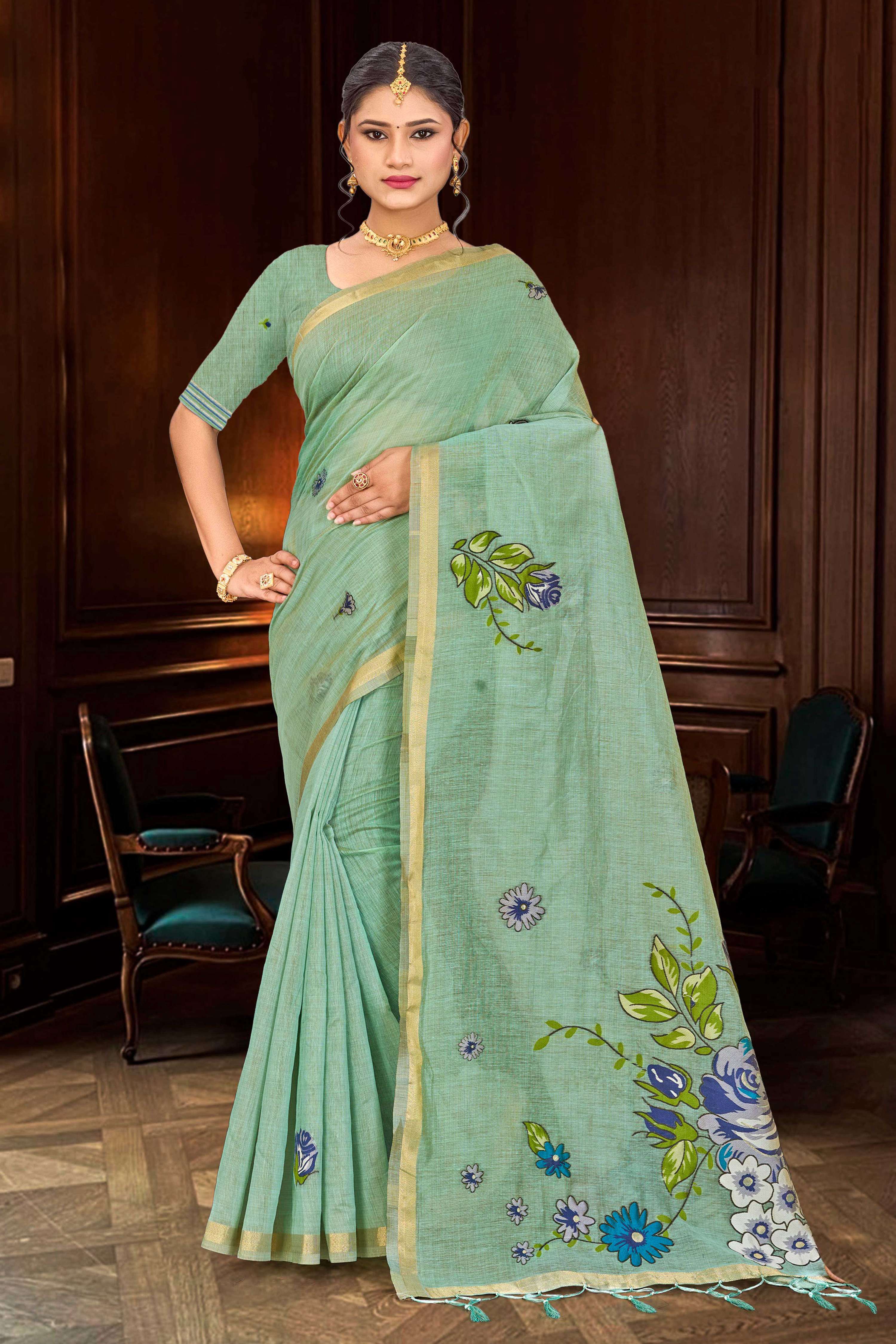 Sangam Prints Mint Green Cotton Blend Woven Work Traditional Saree - Dista