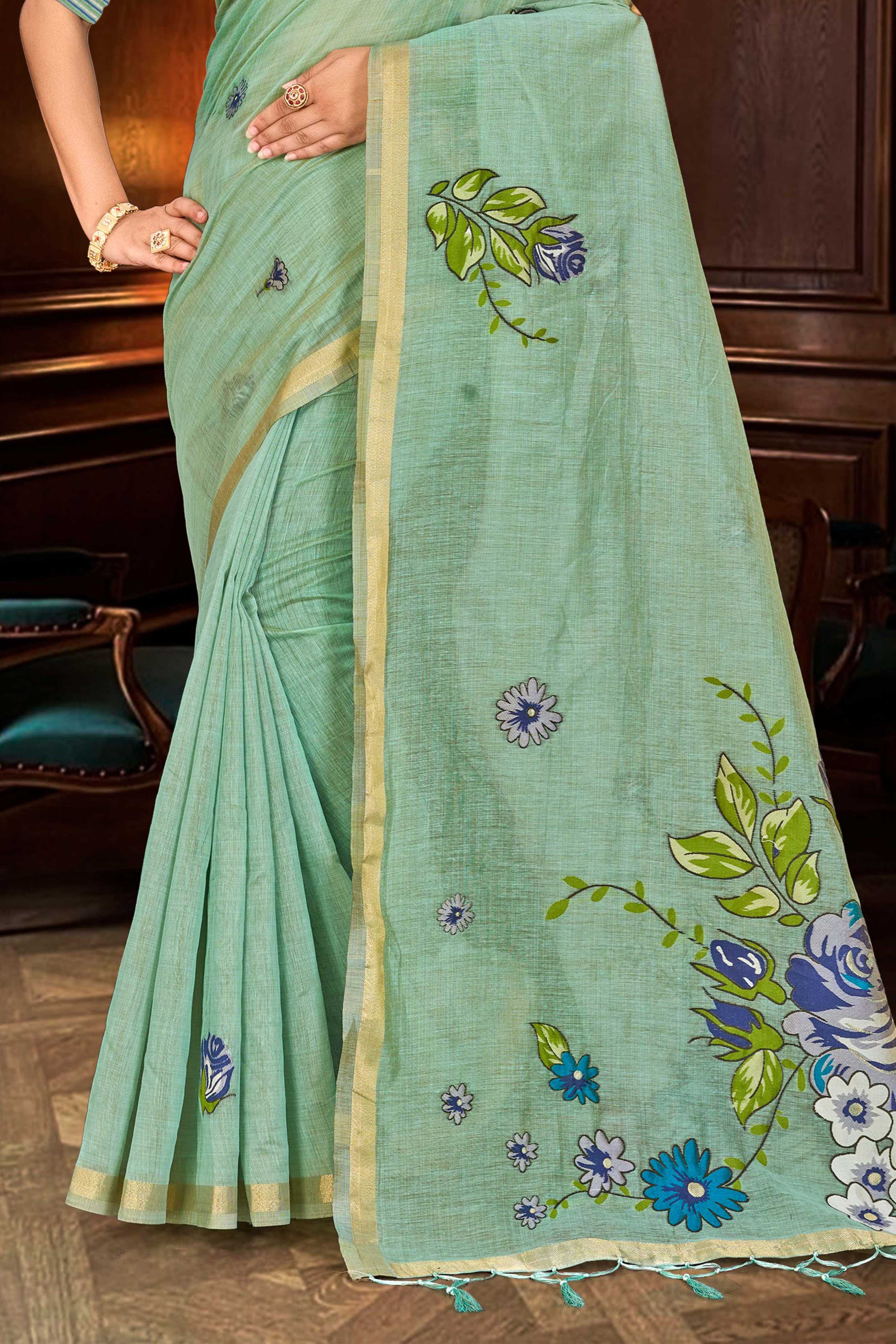 Sangam Prints Mint Green Cotton Blend Woven Work Traditional Saree - Dista
