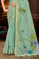 Thumbnail for Sangam Prints Mint Green Cotton Blend Woven Work Traditional Saree - Dista
