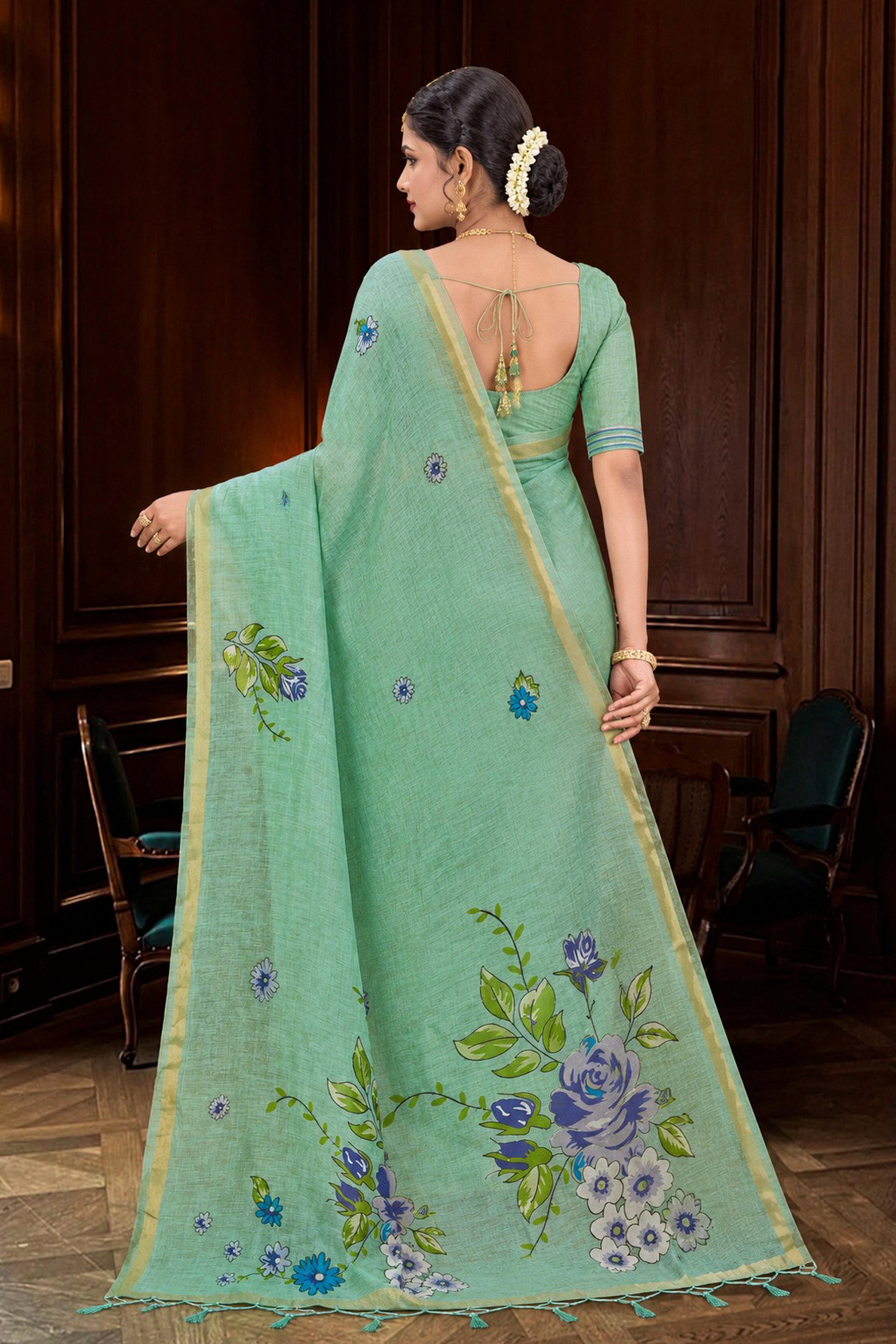 Sangam Prints Mint Green Cotton Blend Woven Work Traditional Saree - Dista