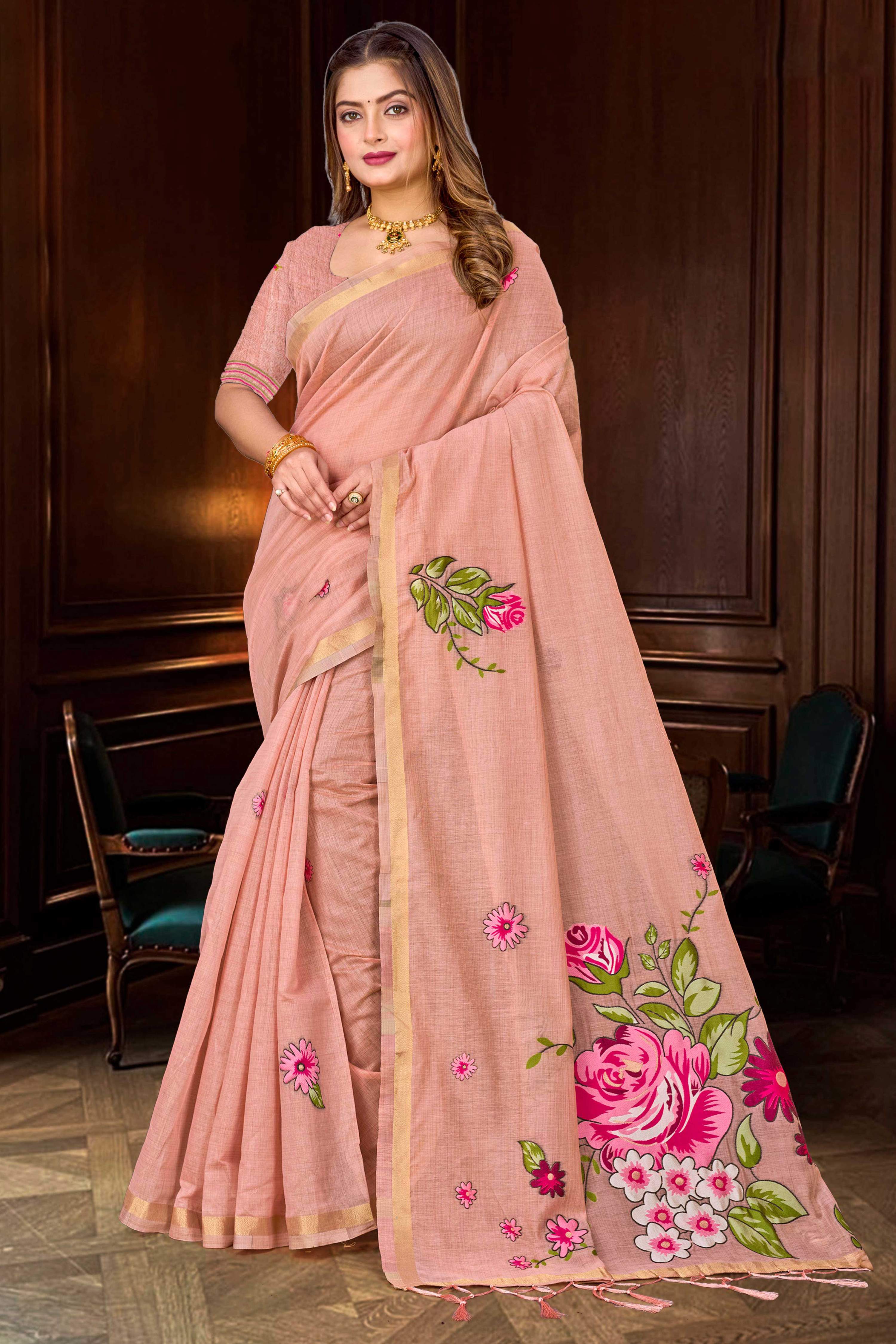 Sangam Prints Dusty Peach Cotton Blend Woven Work Traditional Saree - Dista
