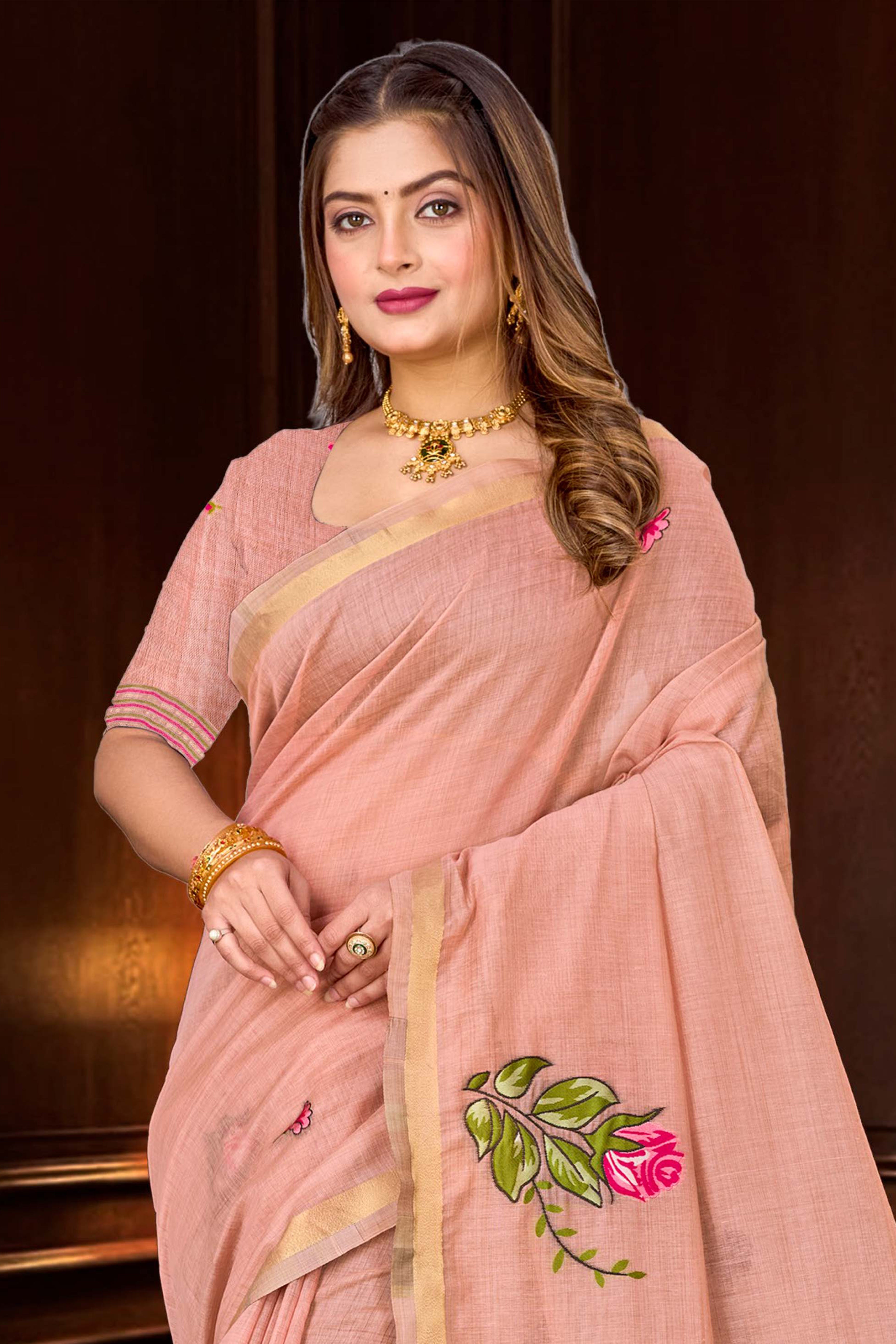 Sangam Prints Dusty Peach Cotton Blend Woven Work Traditional Saree - Dista