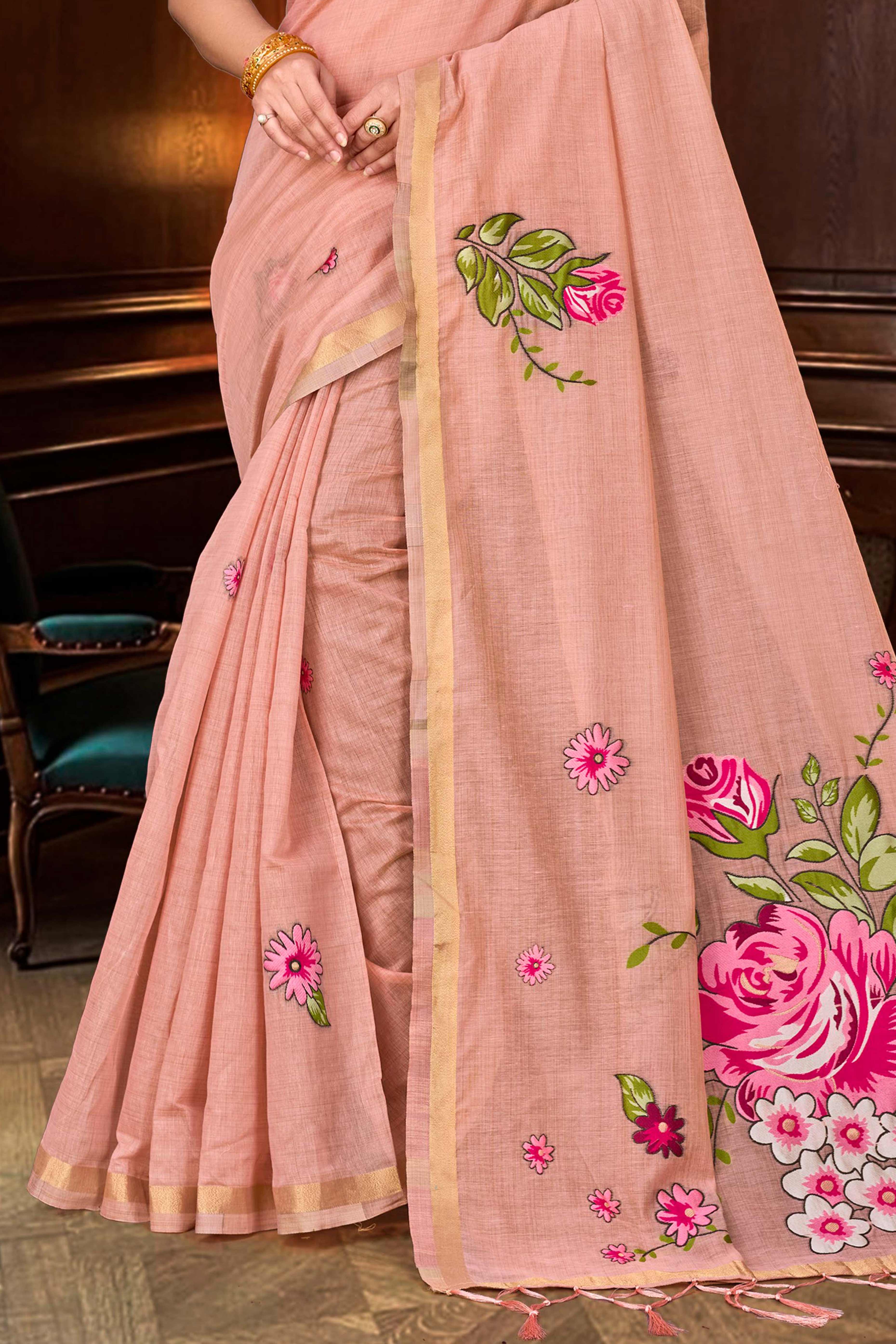 Sangam Prints Dusty Peach Cotton Blend Woven Work Traditional Saree - Dista
