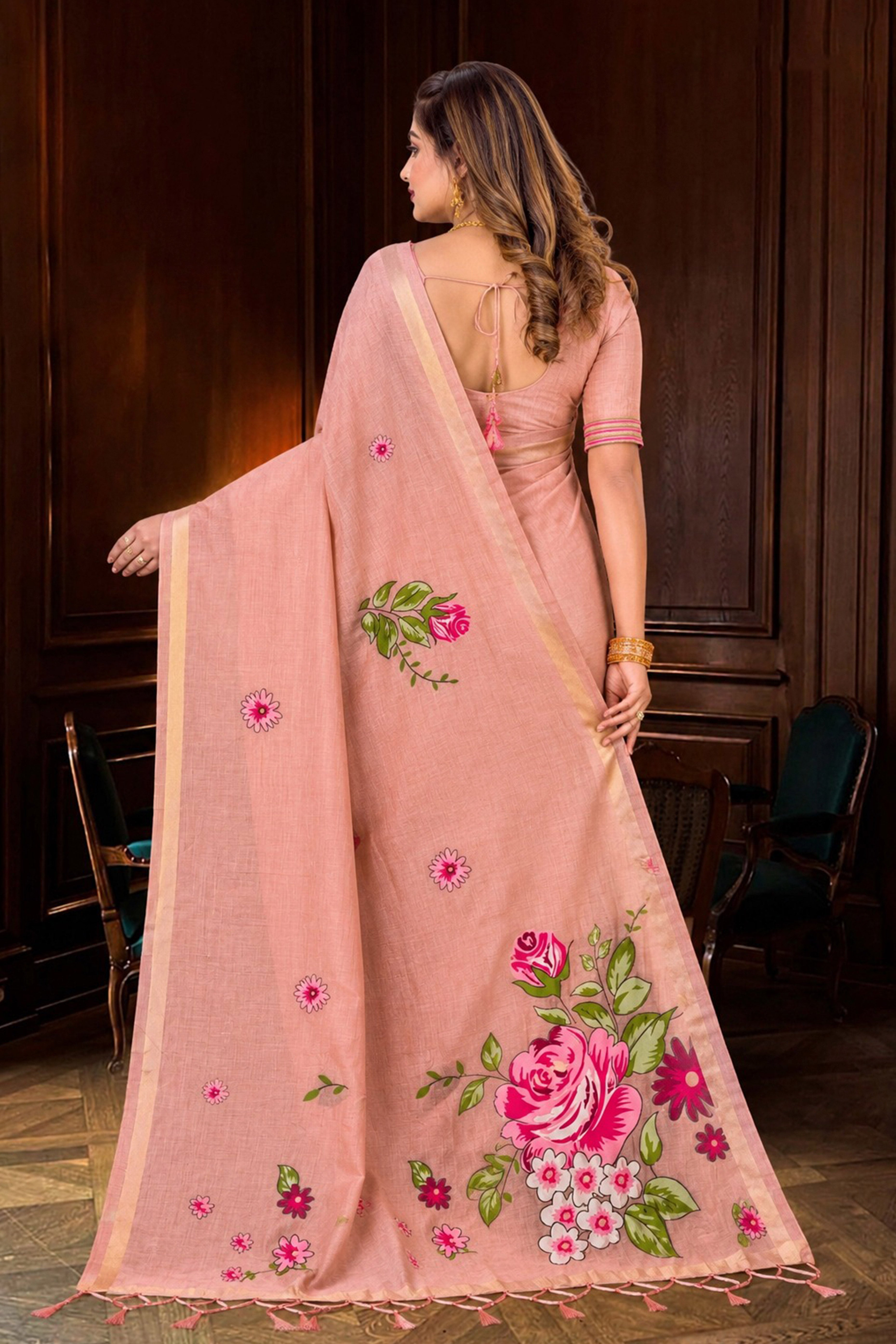 Sangam Prints Dusty Peach Cotton Blend Woven Work Traditional Saree - Dista