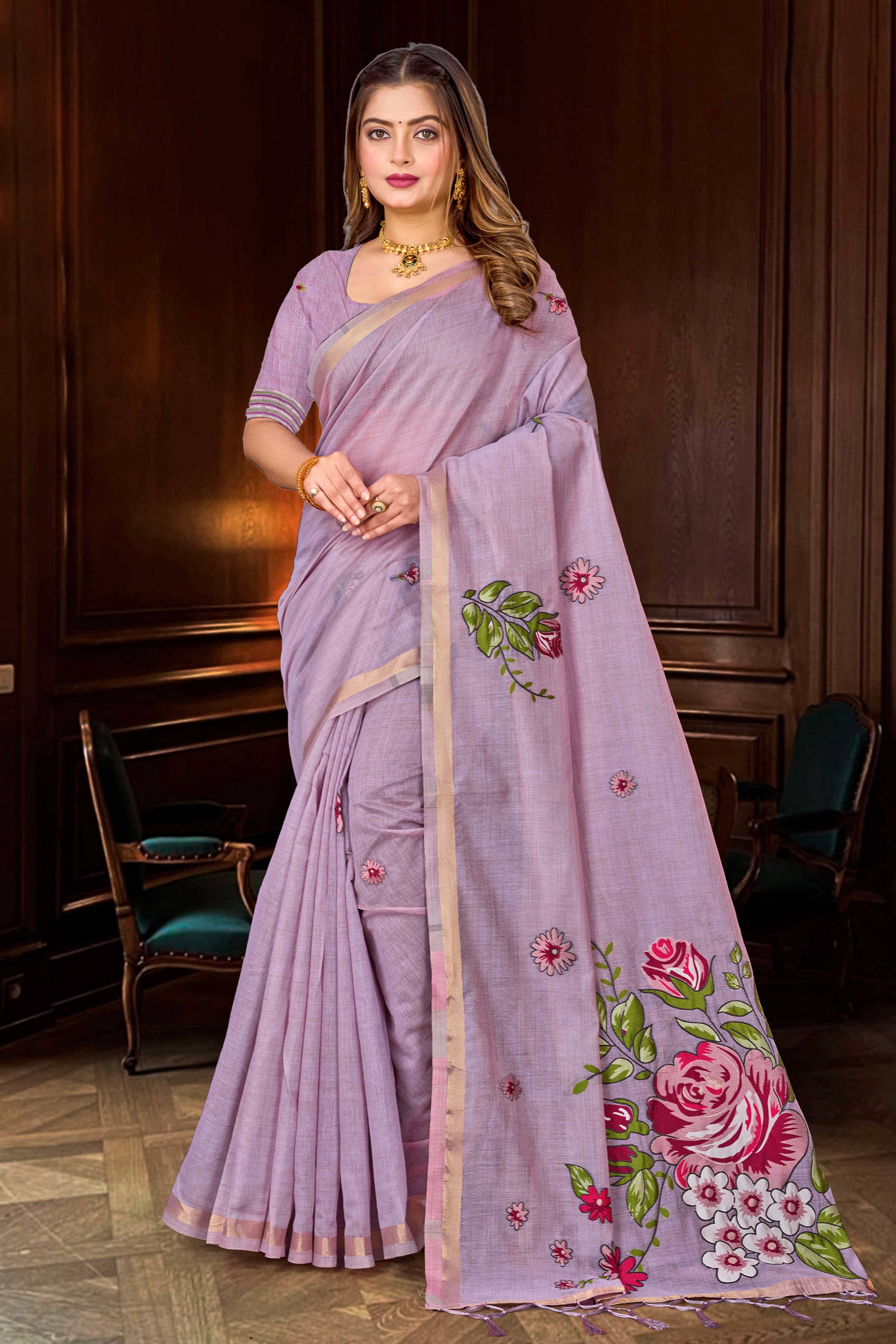 Sangam Prints Lavender Cotton Blend Woven Work Traditional Saree - Dista