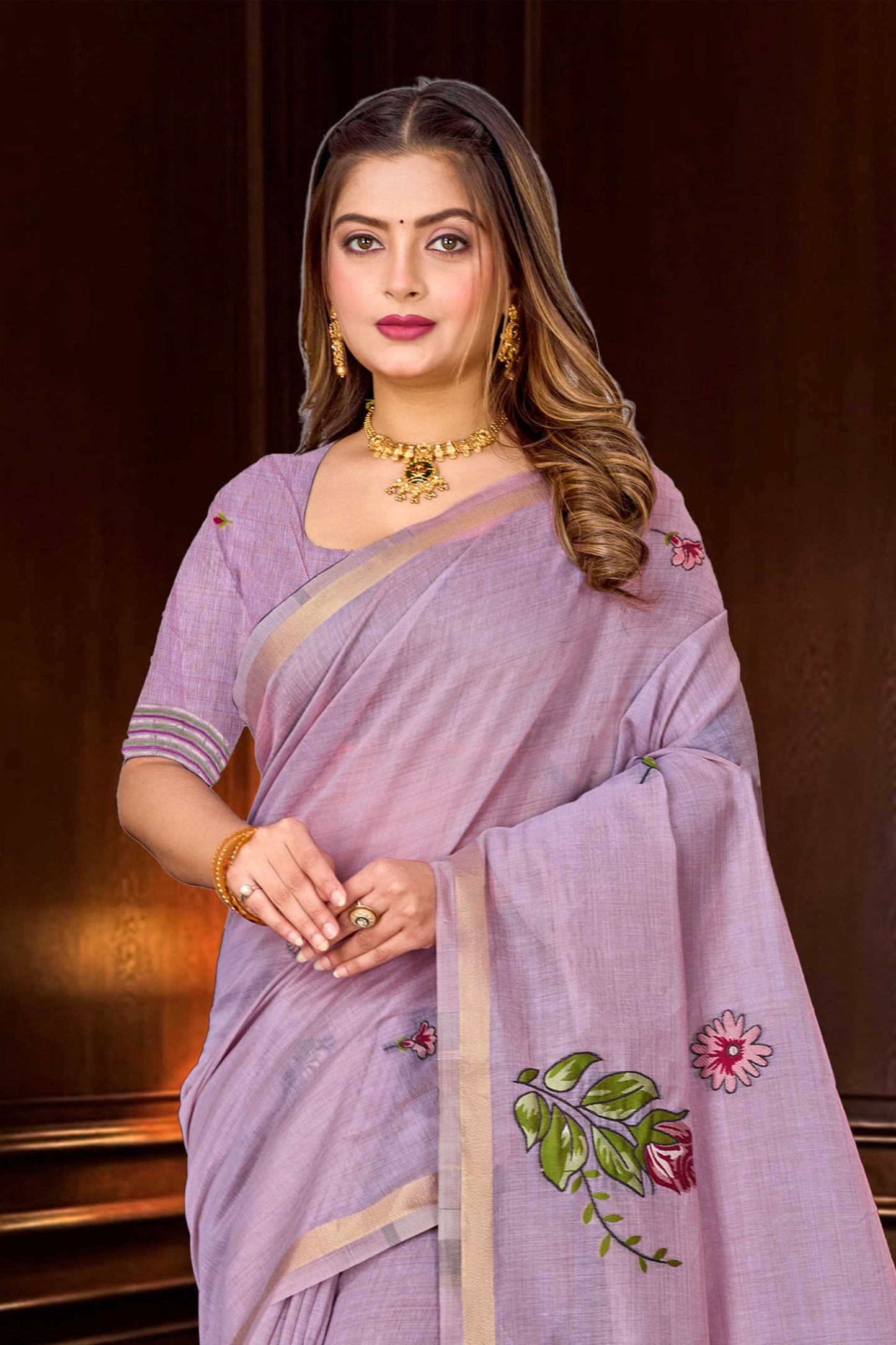 Sangam Prints Lavender Cotton Blend Woven Work Traditional Saree - Dista