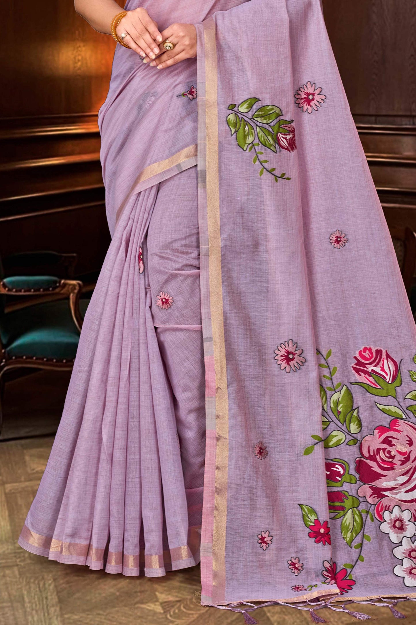 Sangam Prints Lavender Cotton Blend Woven Work Traditional Saree - Dista